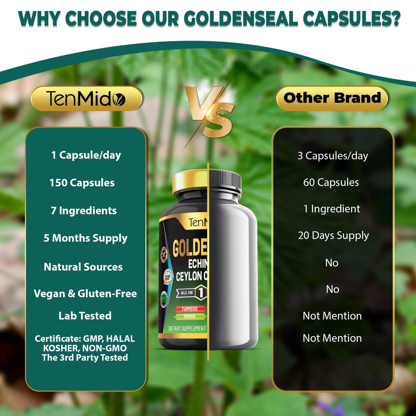 Tenmido Goldenseal Root Supplement Capsules, 150 Count
