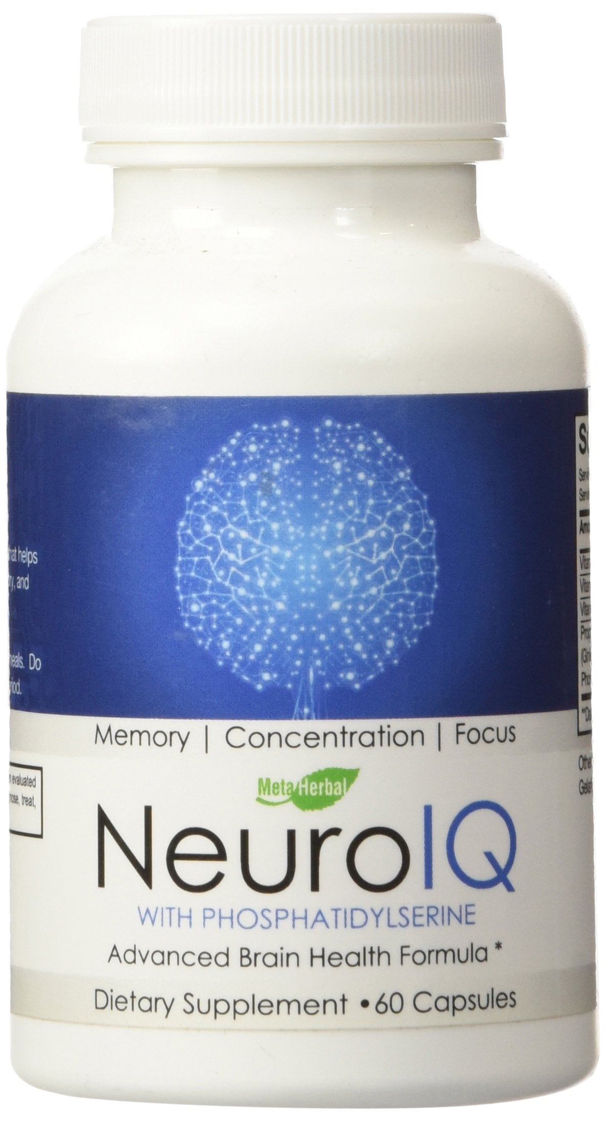 NeuroIQ Advanced Brain Health Supplement For Memory, Concentration, & Focus w/Phosphatidylserine, Ginkgo Biloba, Letcithin, DMAE, & DHA, 60 Capsules