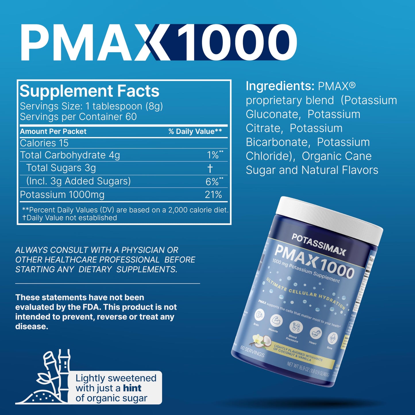 PotassiMax PMAX1000 High Dose Pure Potassium Electrolyte Supplement Powder, 16.9 oz