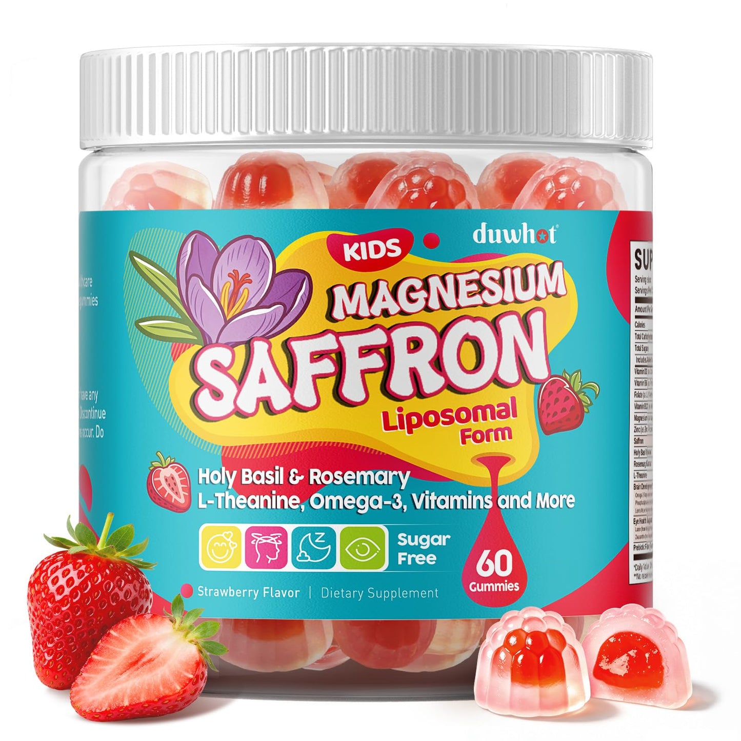 duwhot Saffron for Kids Gummies Sugar Free Saffron 30mg + Magnesium Supplement, Gummy, 60