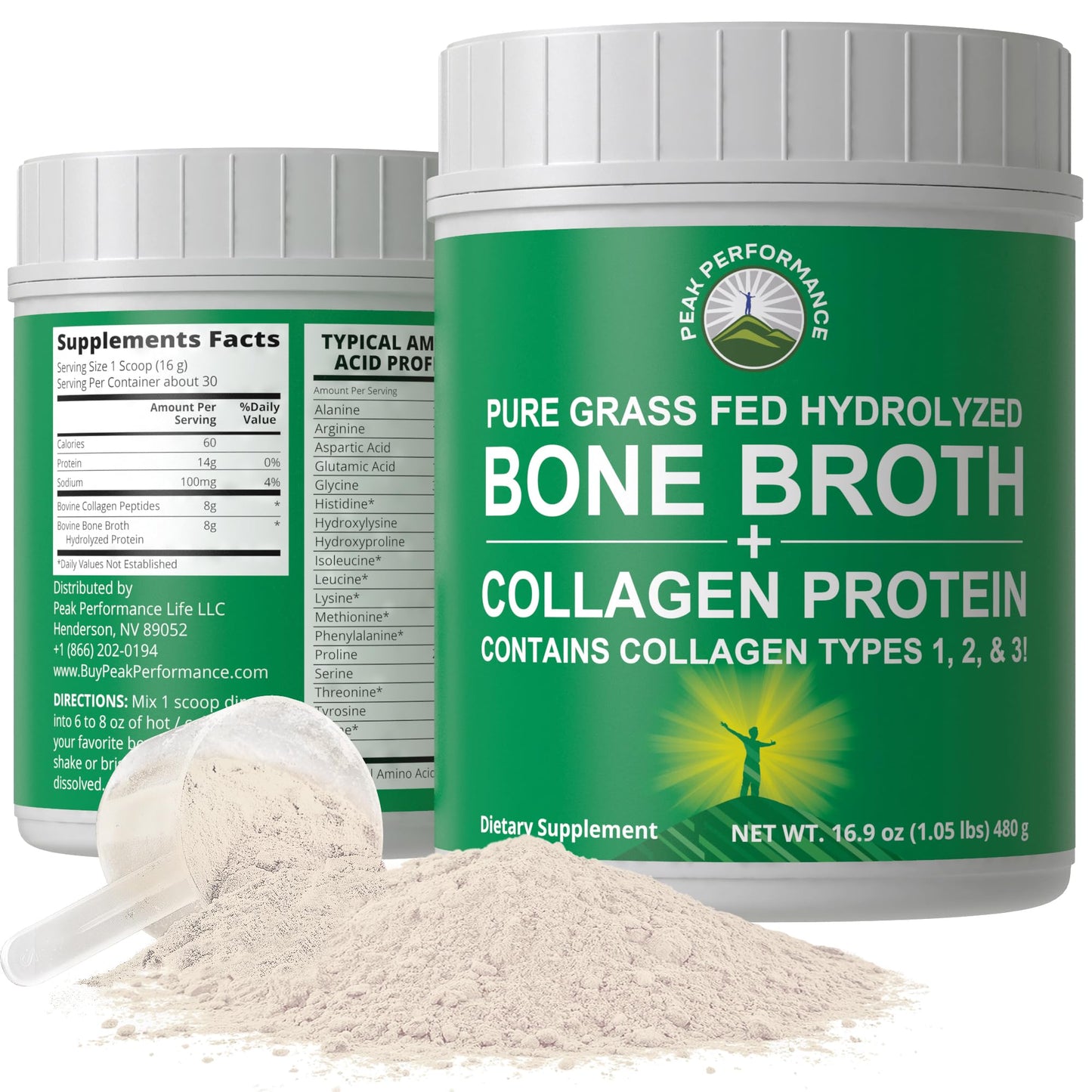 Peak Performance Hydrolyzed Bone Broth + Collagen Unflavored Protein Peptides Powder, 16.9 oz