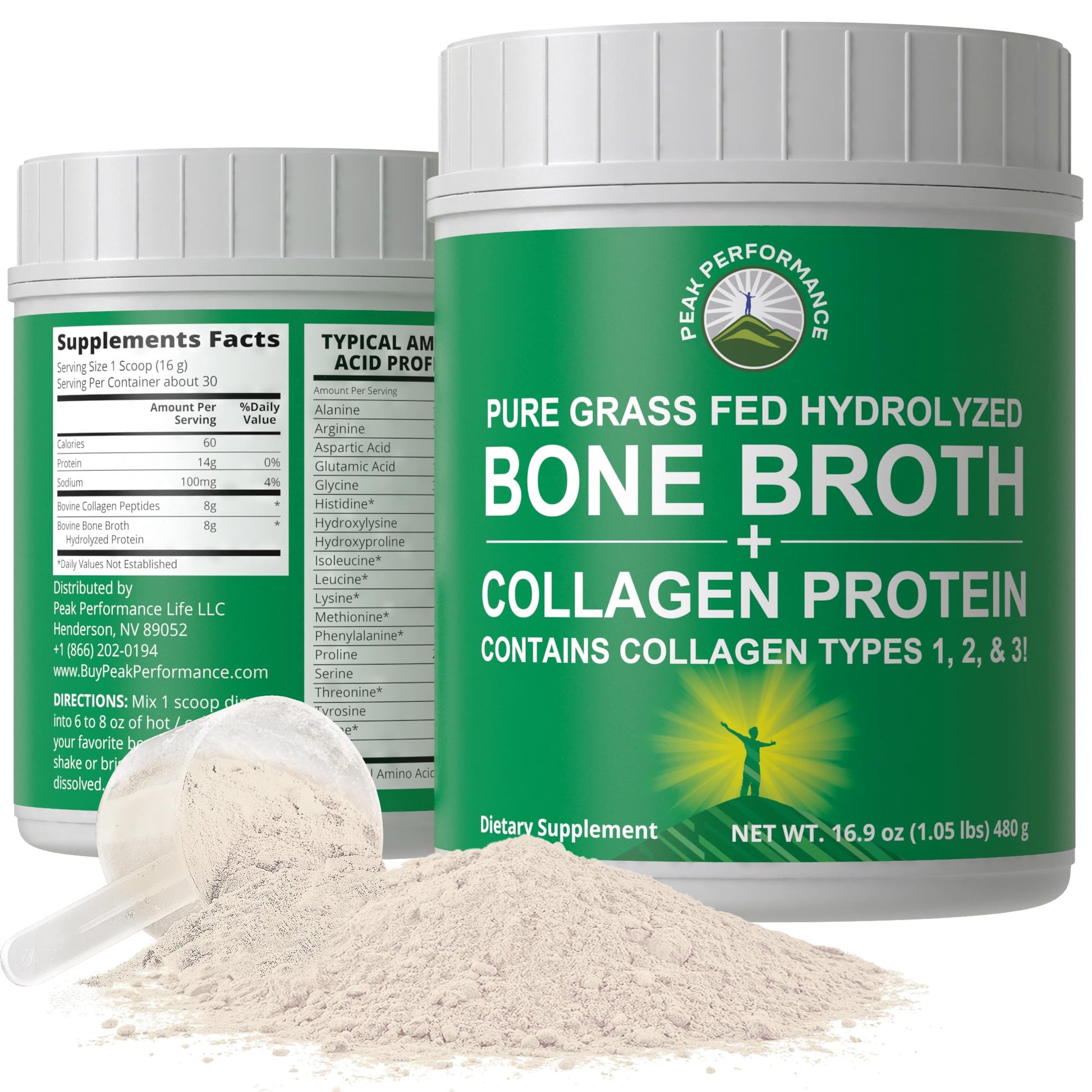 Peak Performance Hydrolyzed Bone Broth + Collagen Unflavored Protein Peptides Powder, 16.9 oz