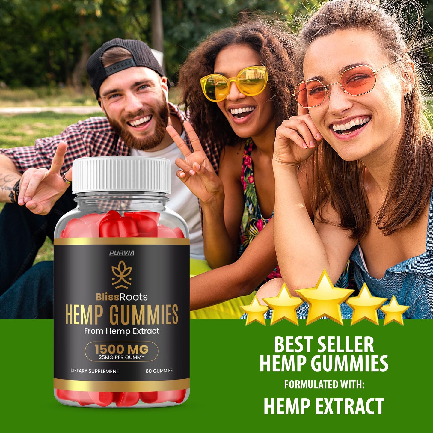 Purvia Bliss Roots Hemp Gummies, Gummy, 60 Count
