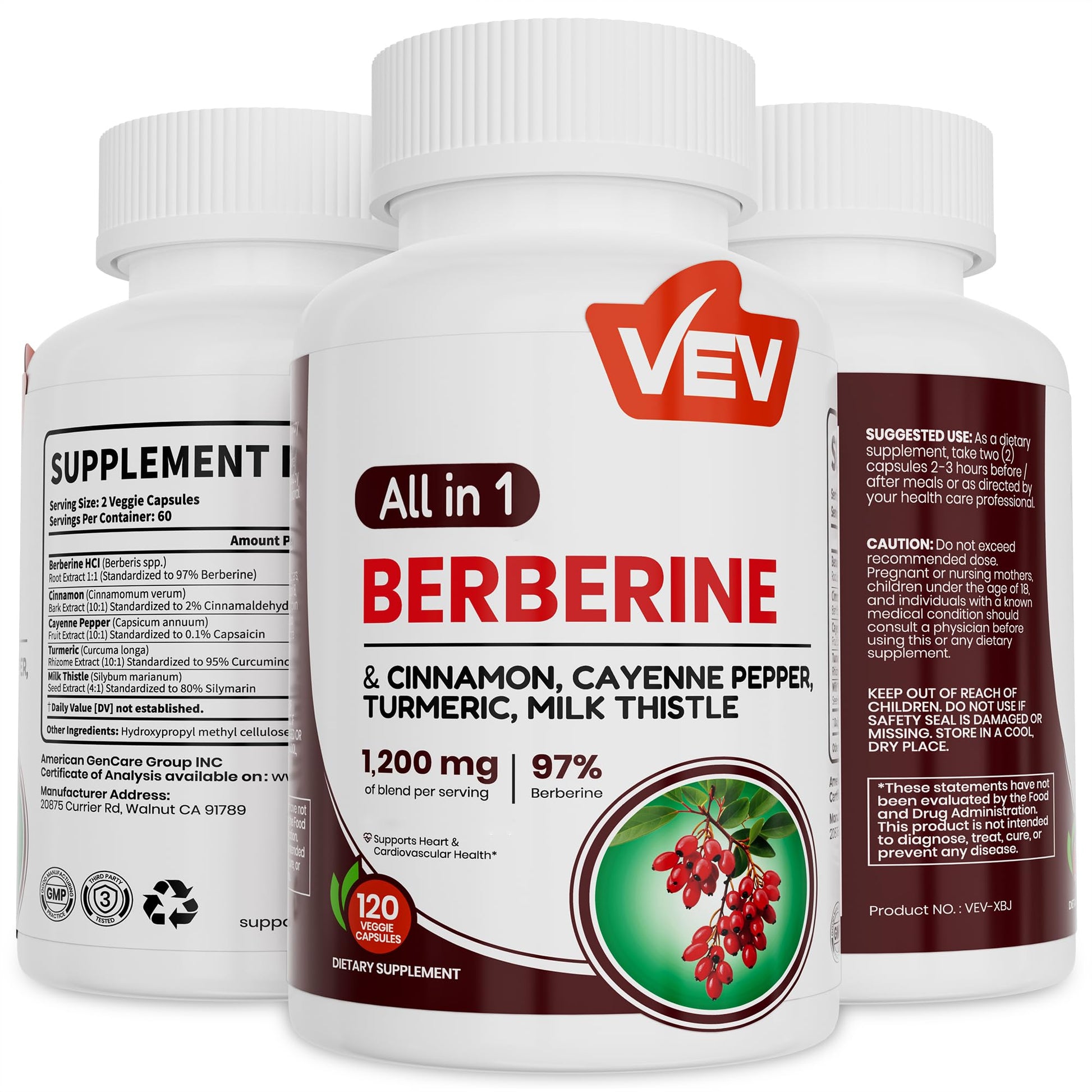 VEV Berberine Supplement Capsule, 120 Capsules