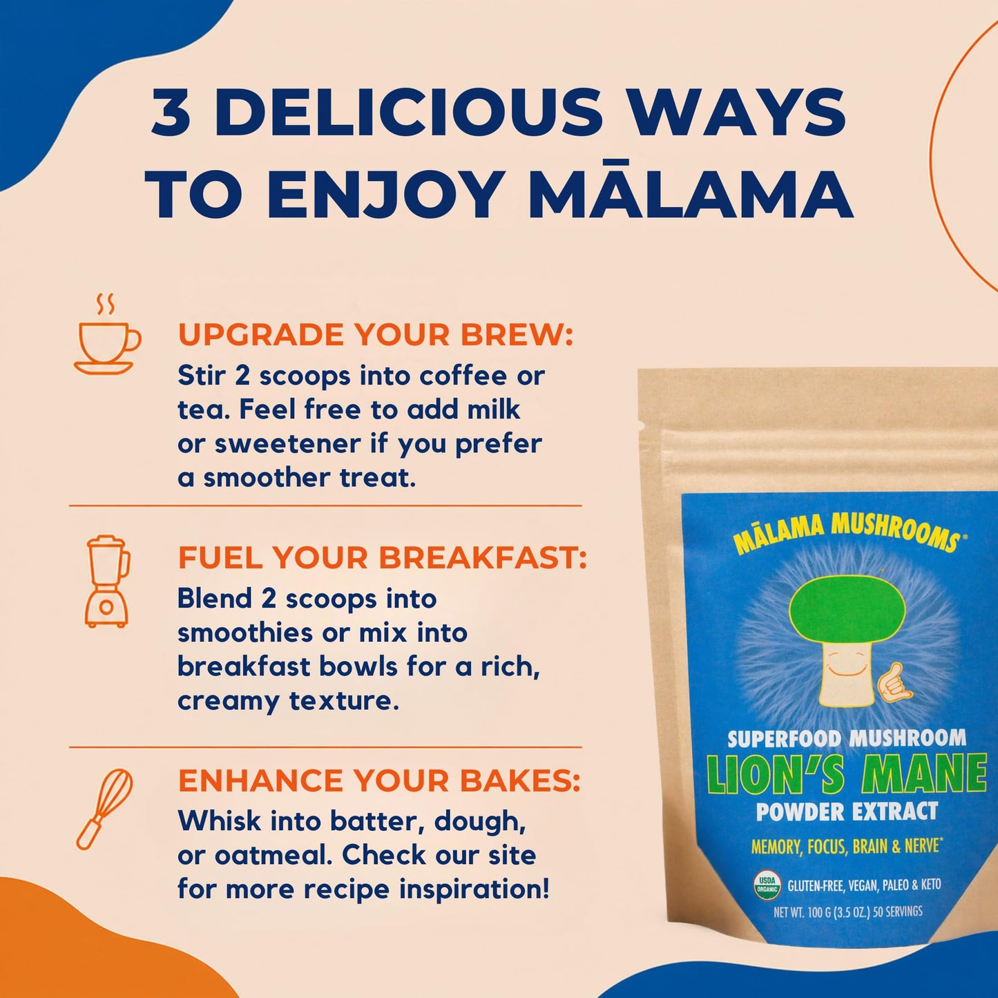 Malama Mushrooms Lion's Mane Extract Powder 3.53 Ounce