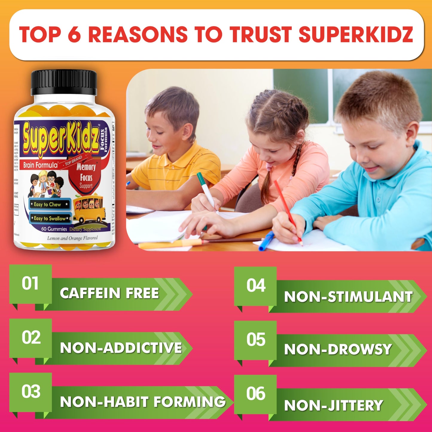 Celebrity LifeStyle Product Superkids Kids Focus Gummies with Omega-3 DHA, Brain Support for Kids & Teens, 60 Count