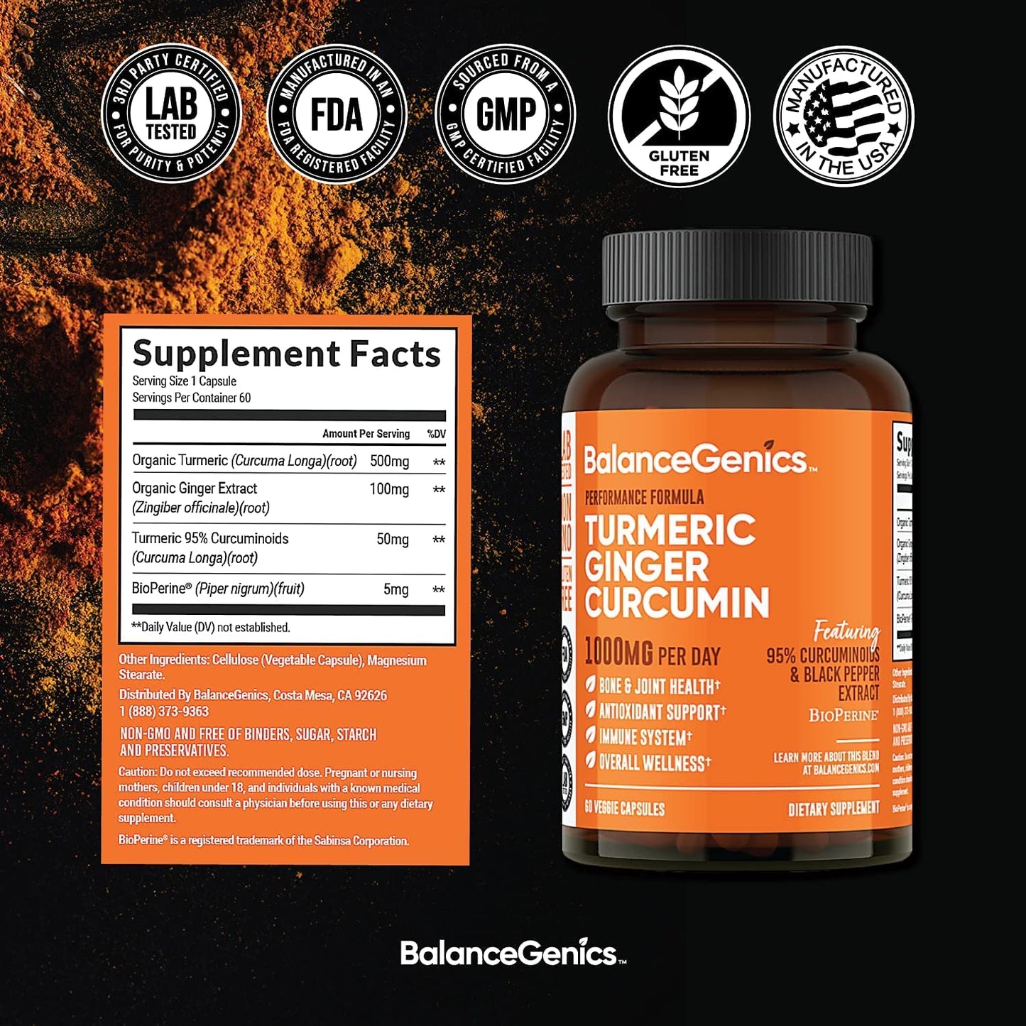 BalanceGenics Turmeric Curcumin Supplement with Black Pepper & Ginger Root 1000mg Capsules 60 Count