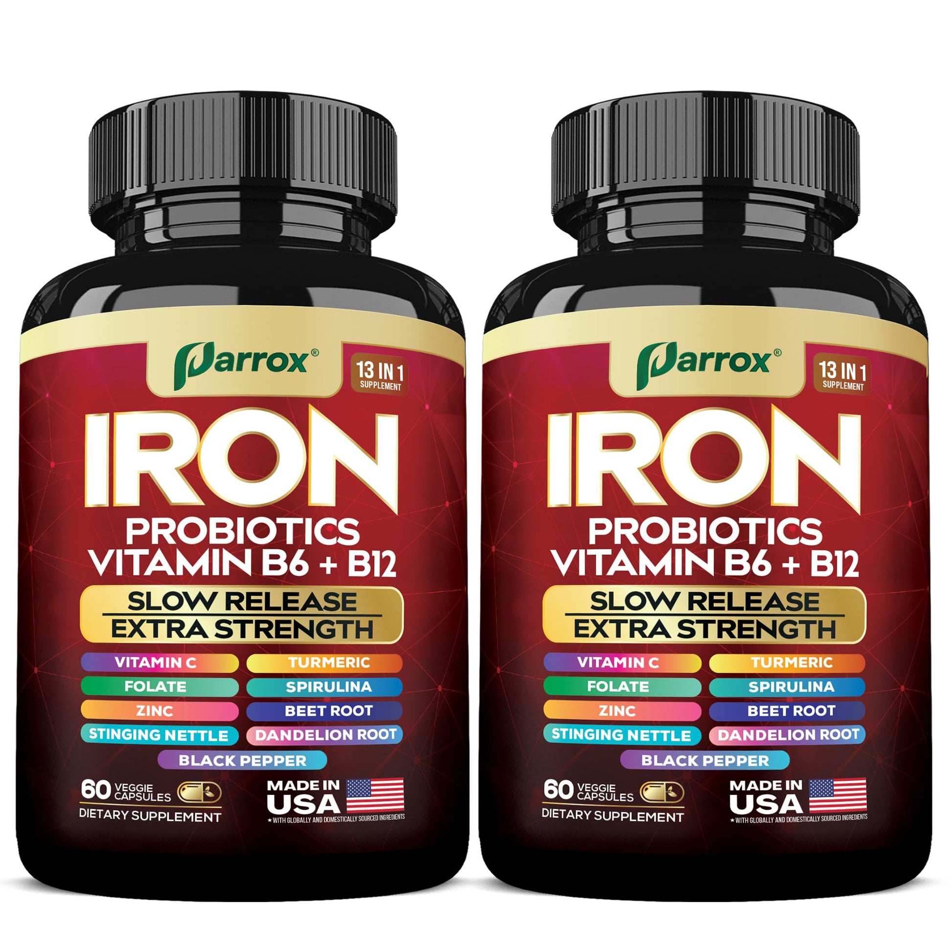 Parrox Iron Supplement Slow Release Capsules, Extra Strength with Probiotics, Spirulina, Turmeric, Vitamin B6, Methylated B12, Vitamin C, Zinc, Beetroot, Nettle Leaf, Dandelion Root, Black Pepper, 120 Capsules