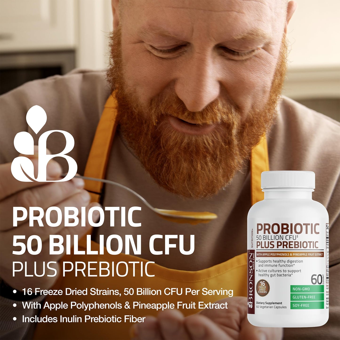 Bronson Probiotic 50 Billion CFU + Prebiotic with Apple Polyphenols & Pineapple Fruit Extract for Women & Men Capsules, 60 Count