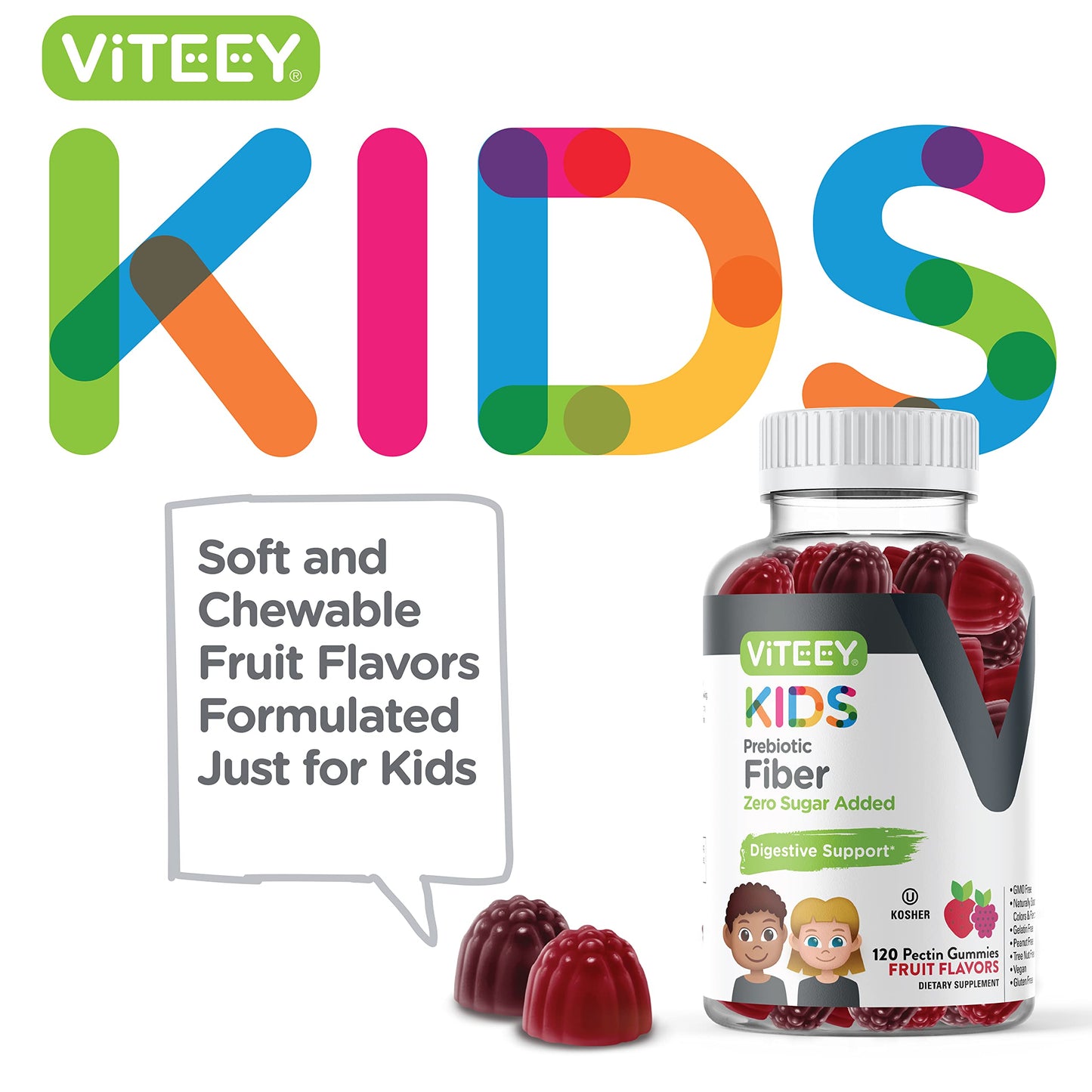 Viteey Prebiotic Kids Fiber for Constipation Relief, Digestive Health Regularity Support Gummy 120 Count