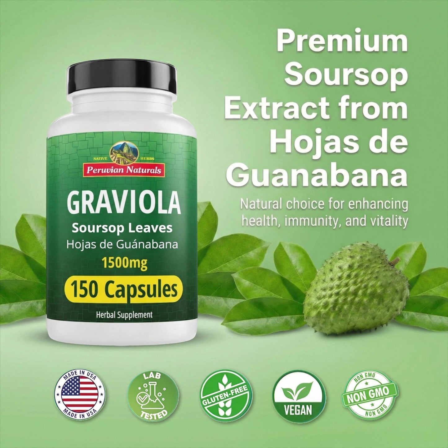 Peruvian Naturals Graviola Capsules 1500 mg Soursop Leaf Extract, 300 Count