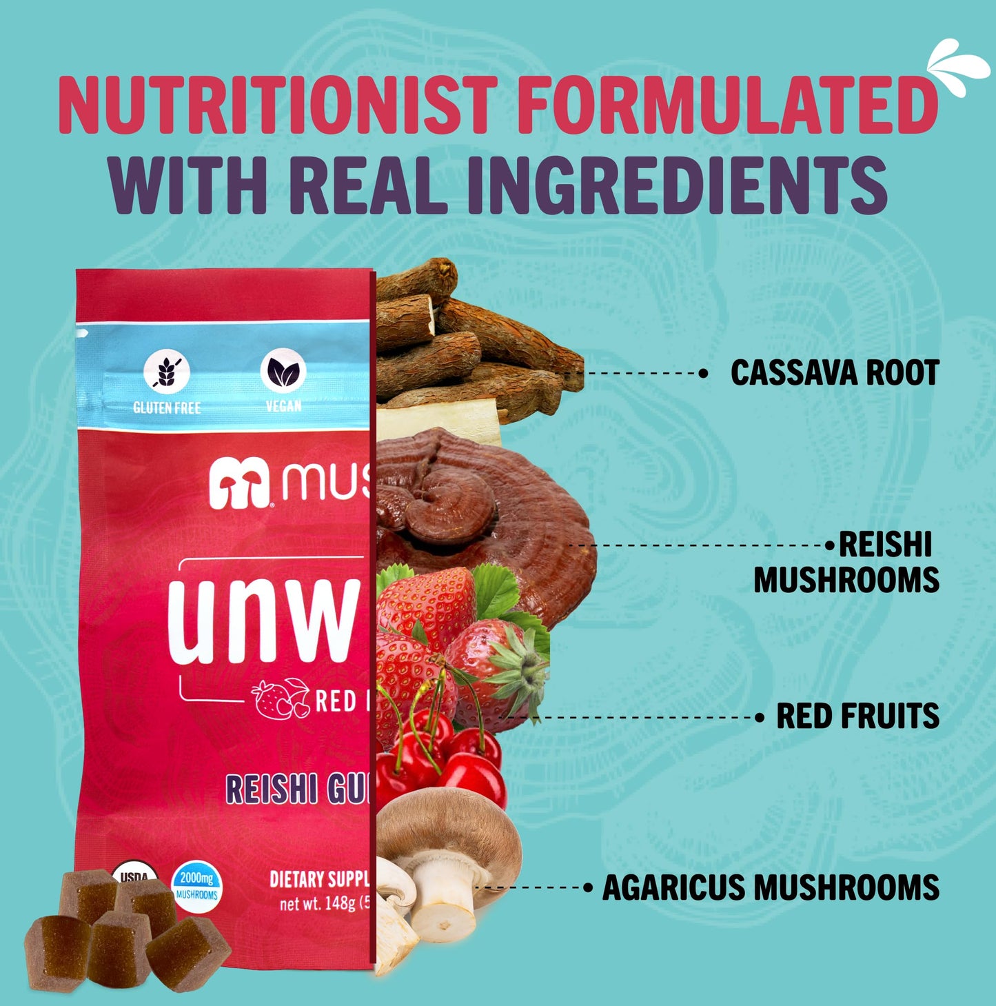 Mushie 100% Organic Reishi Mushroom Gummies, 2000mg Reishi Nootropic, Vegan & Gluten-Free, 60 Count