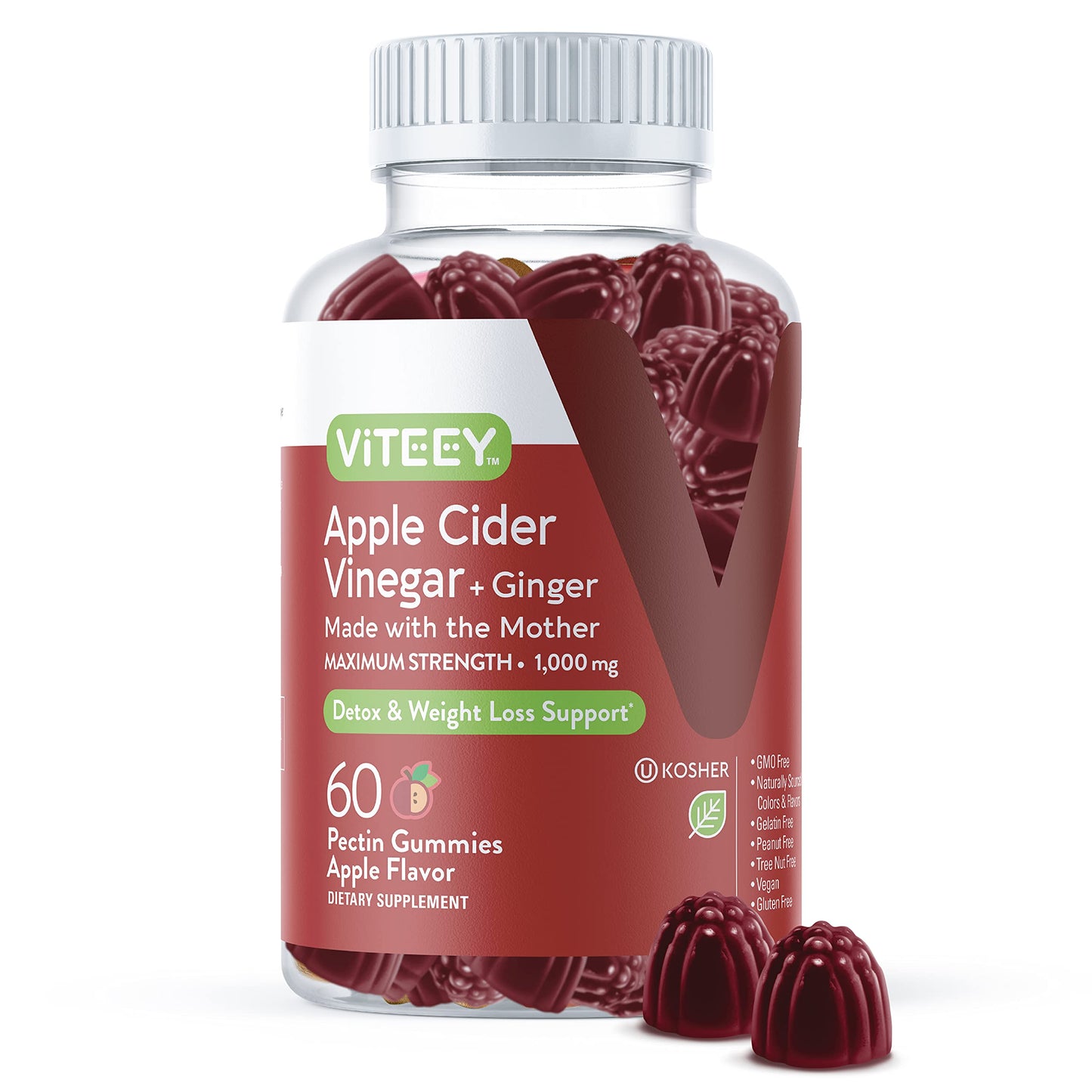 Viteey Apple Cider Vinegar Gummies and Ginger – 1000 mg ACV Gummies for Weight Loss, Detox and Digestion – Vegan, Gluten-Free – 60 Count