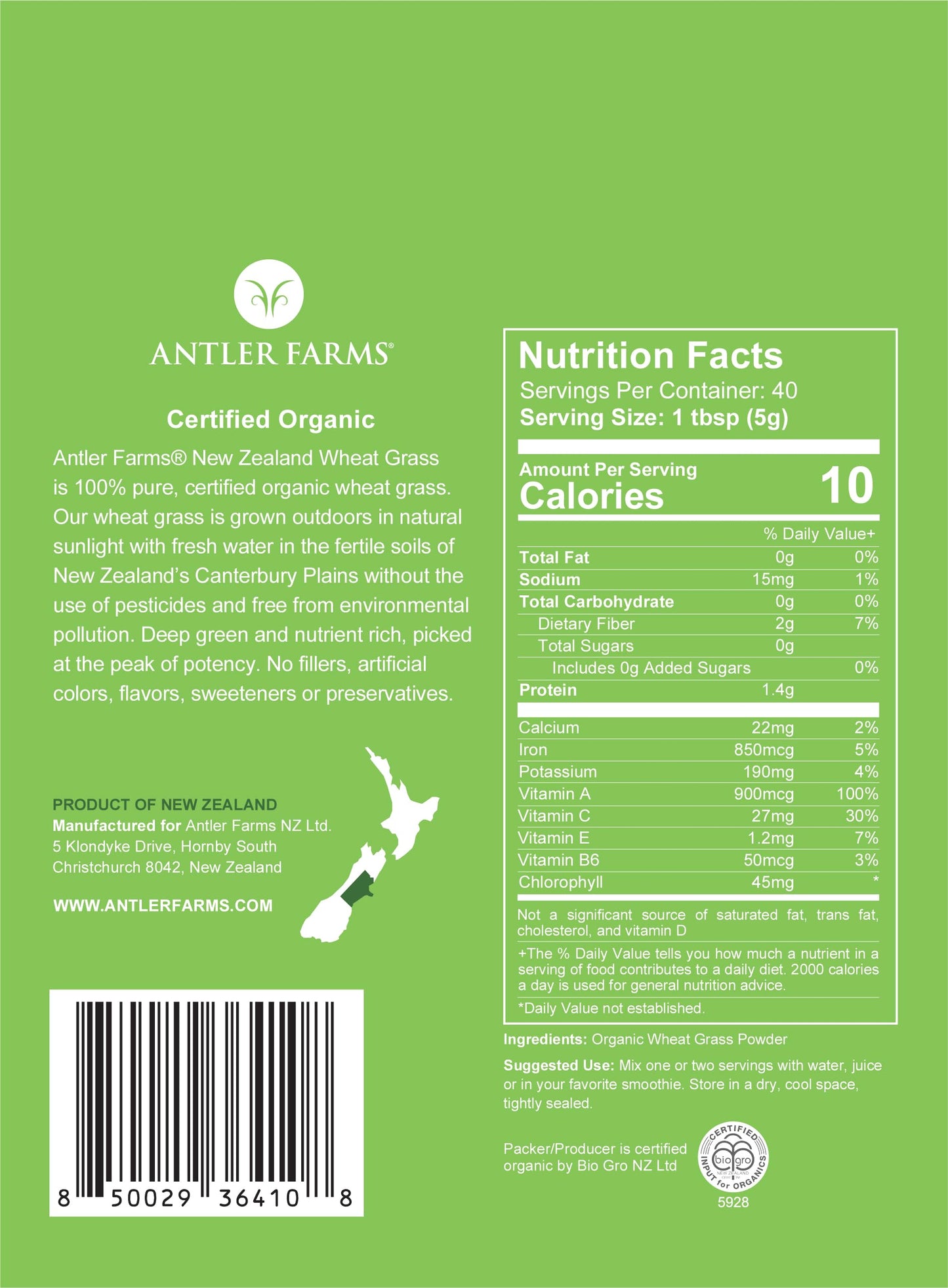 Antler Farms 100% Pure Organic New Zealand Wheatgrass Powder, 7 oz