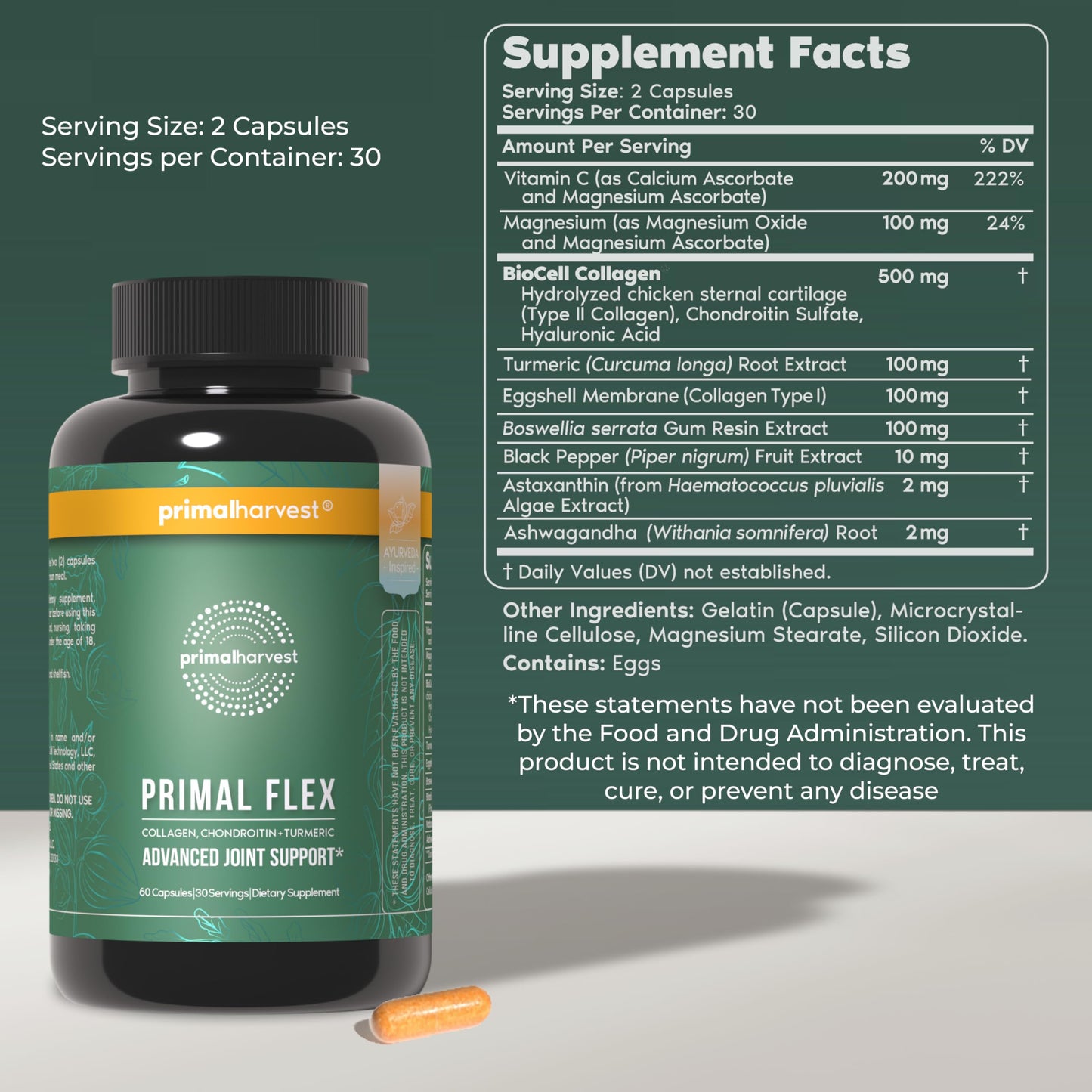 Primal Harvest Primal Flex with Turmeric, Hyaluronic Acid, Type II Collagen and Boswellia for Joint Comfort, Flexibility and Mobility Support 60 Capsules