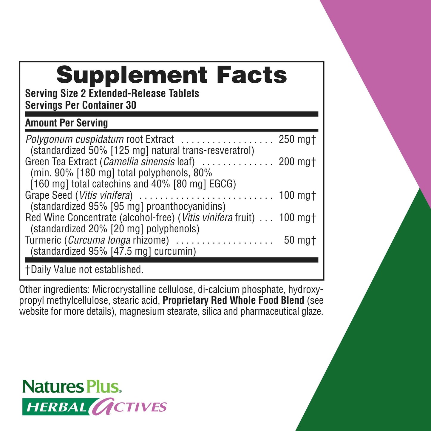 NaturesPlus Herbal Actives Resveratrol Extended Release Tablet, 60 Count