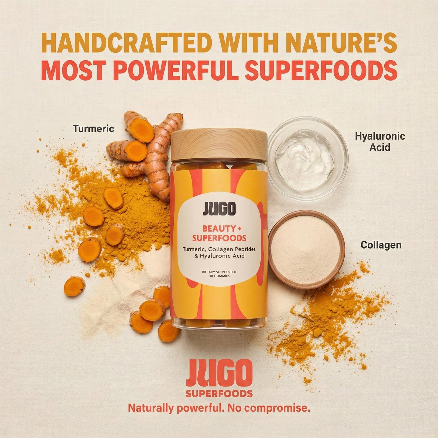 Jugo Beauty + SUPERFOODS Hair, Skin and Nails Collagen Gummies with Hyaluronic Acid and Turmeric, Gummy, 40 Count