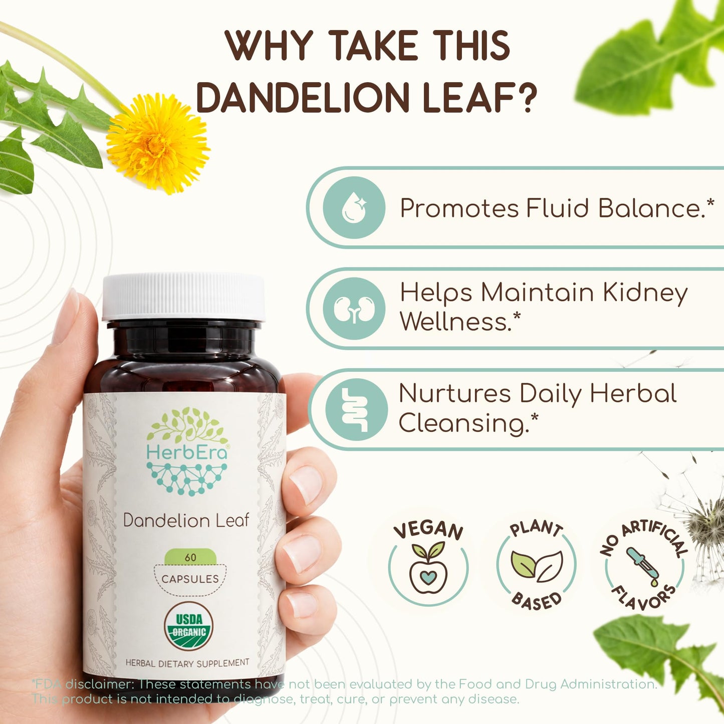 HerbEra Dandelion Leaf Capsules, USDA Organic, Taraxacum Officinale, Digestive & Antioxidant Support, 60 Capsules