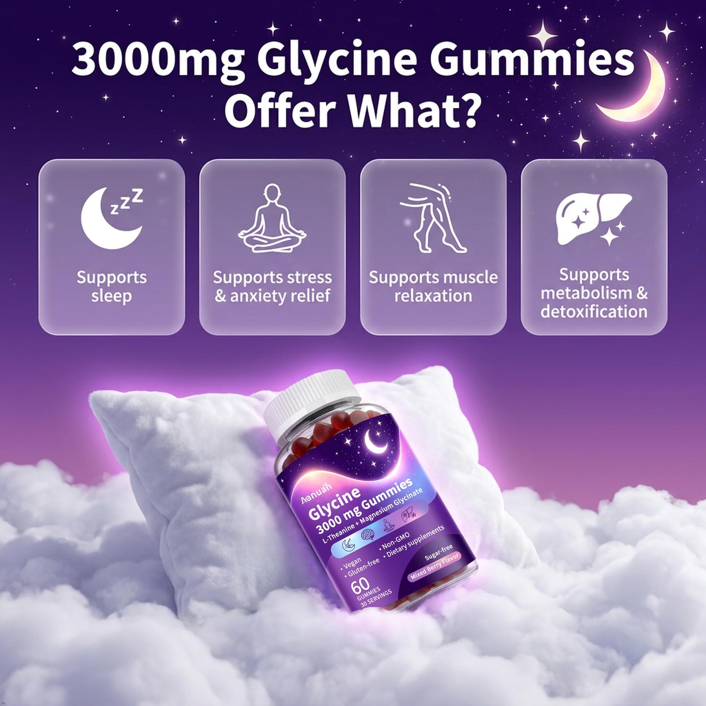 Aanuan Glycine Gummies with L-theanine & Magnesium Glycinate, 3g Glycine, Mixed Berry Flavor, Sugar Free, Vegan, Non-GMO, 120 Gummies