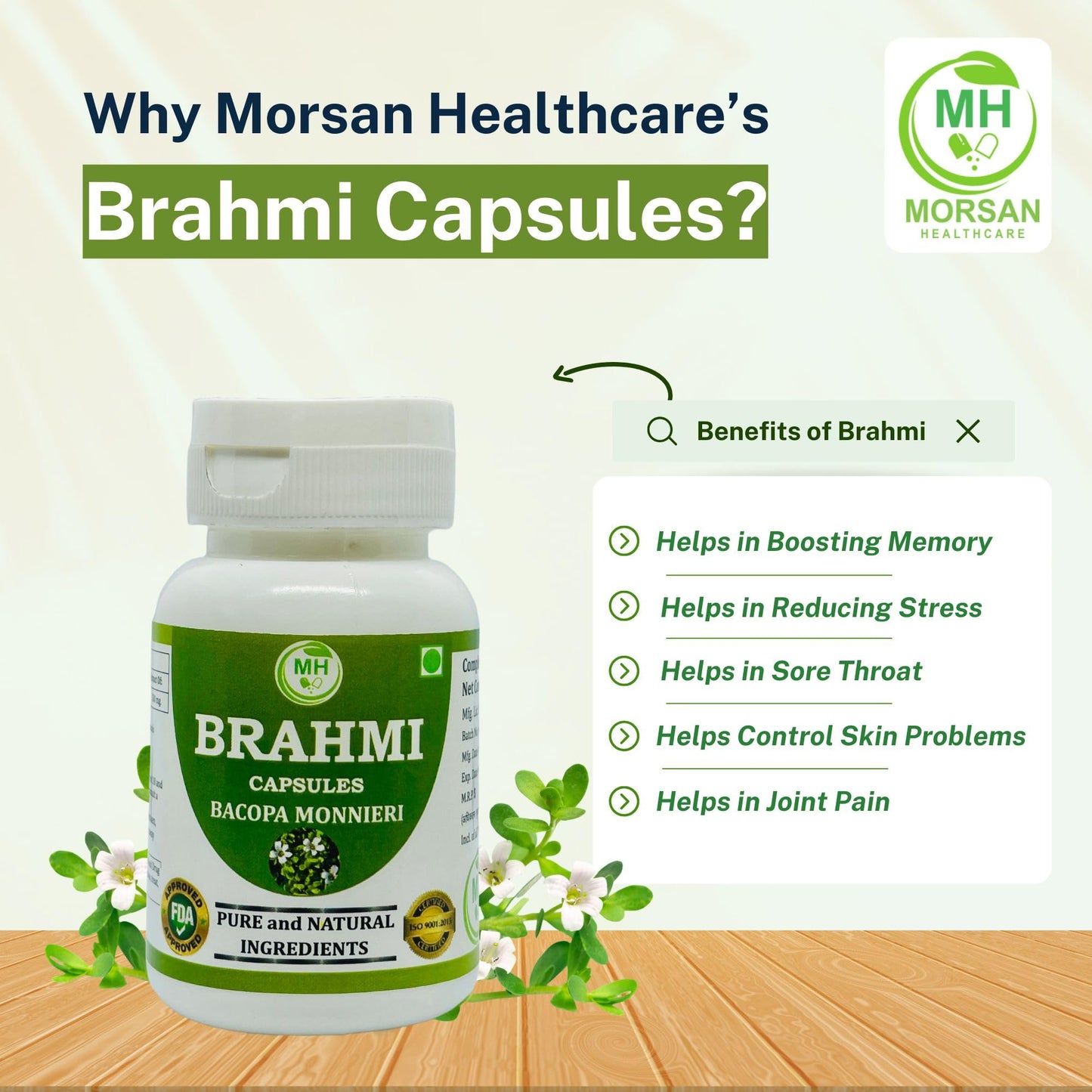 Morsan Healthcare Brahmi (Bacopa Monnieri) Vegetarian Capsules, 500mg Each, Non-GMO, Vegan, Gluten-Free, 120 Capsules