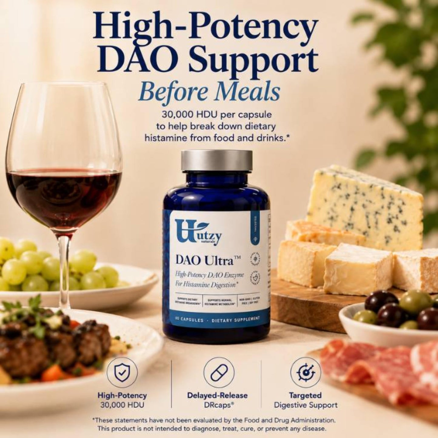Utzy Naturals DAO Ultra Diamine Oxidase Enzyme Supplement 30,000 HDU Histamine Intolerance & Food Sensitivity Support, Delayed-Release DRcaps, Third-Party Tested, 60 Capsules