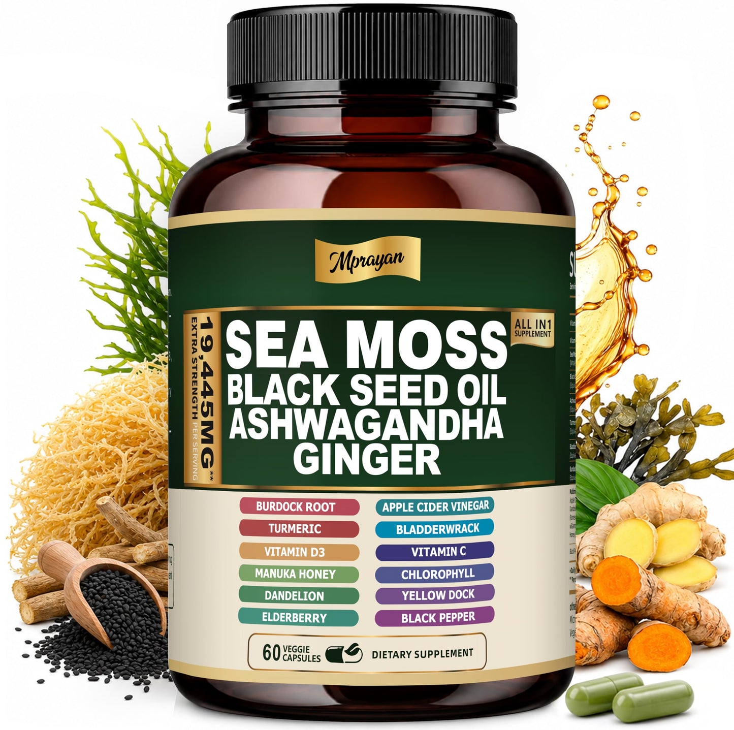 MPRAYAN Sea Moss Black Seed Oil Ashwagandha Capsules - 10:1 Extract Blend, 60 Count