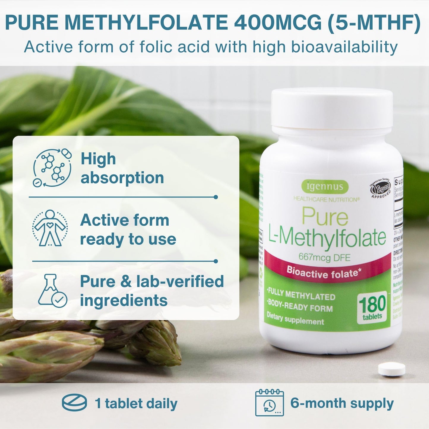 Igennus Healthcare Nutrition Pure Methyl Folate 400 mcg Tablets, 180 Count
