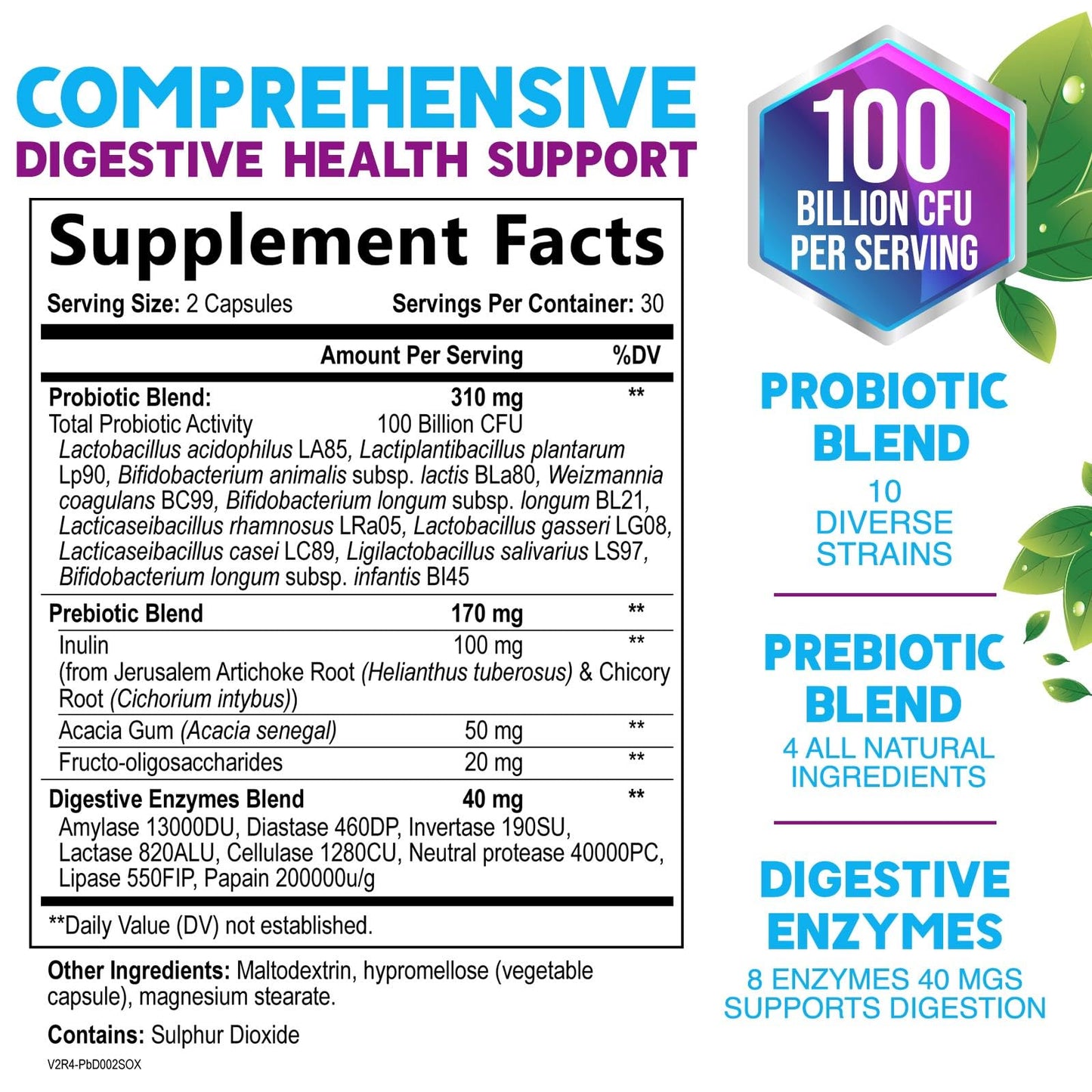 Nature's Nutrition Probiotics 100 Billion CFU Per Serving - 10 Premium Strains + Prebiotics - Best Probiotic Supplement for Women & Men - Supports Immune, Digestive Health, Occasional Constipation & Gas - Capsule, 60 Count