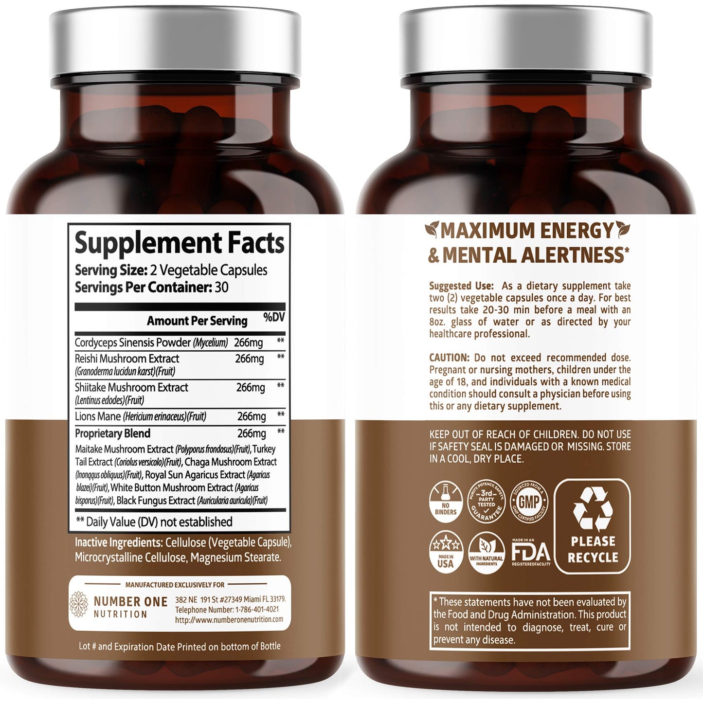 Number One Nutrition N1N Premium Mushroom Complex Capsules, 60 Count
