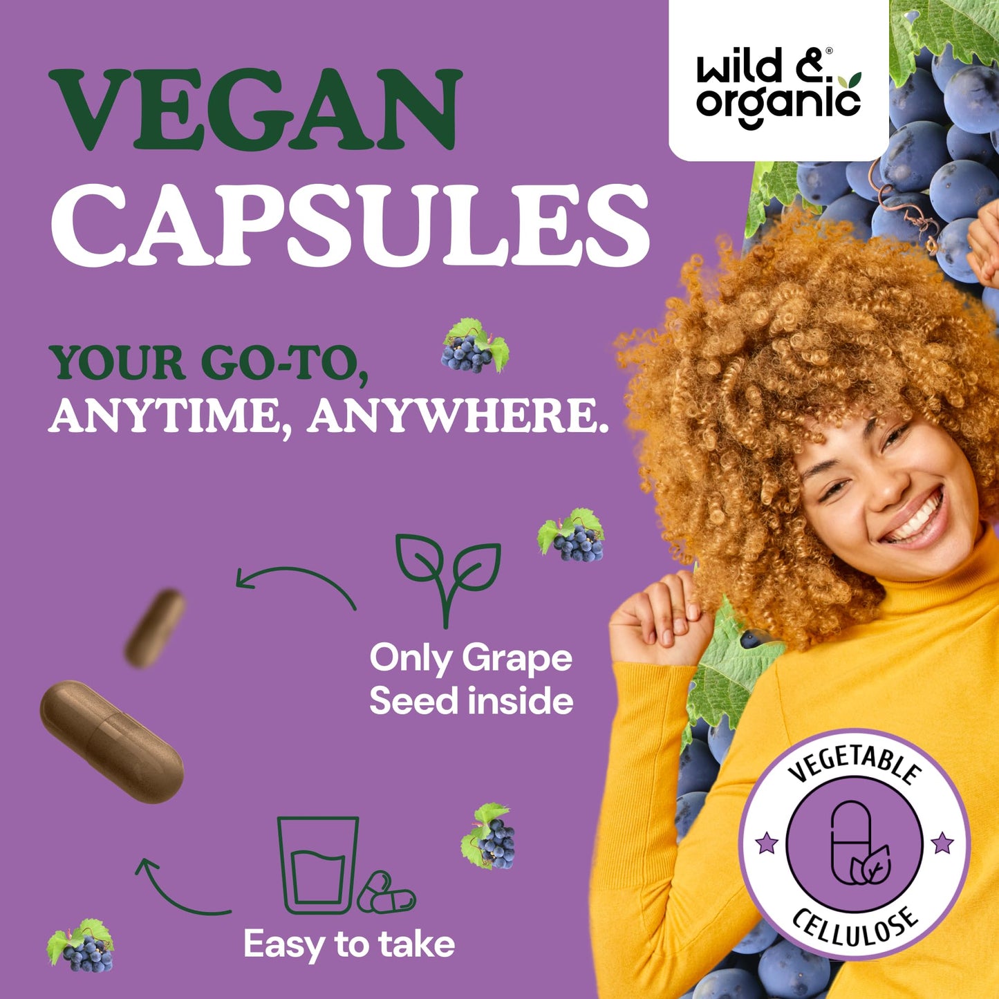 Wild & Organic Grape Seed Extract Capsules 400 mg - 95% Polyphenols, 180 Vegan Capsules