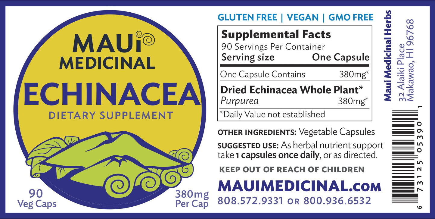 Maui Medicinal Herbs Echinacea Purpurea Organic Herbal Supplement 100% Root Veggie Capsules, 90 Count