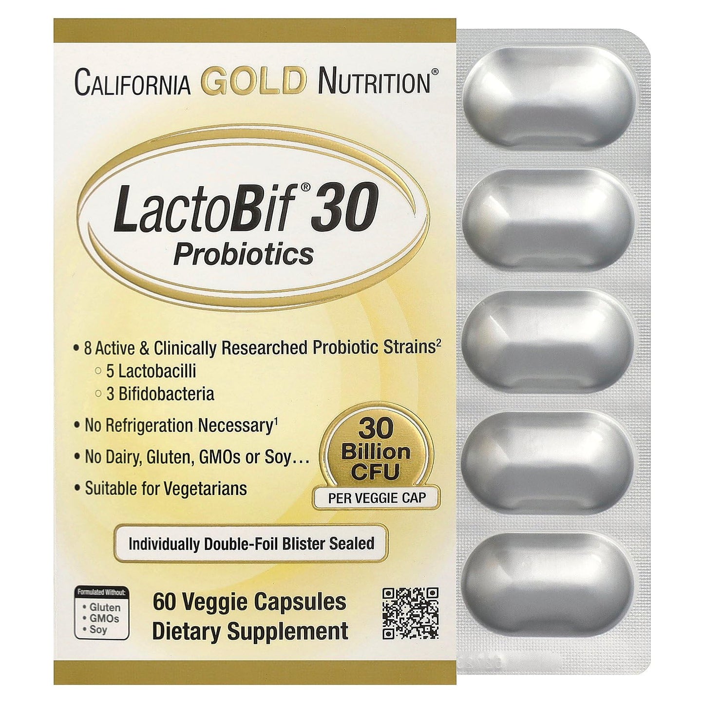 California Gold Nutrition LactoBif 30 Probiotics, 30 Billion CFU, Capsule, 60 Count