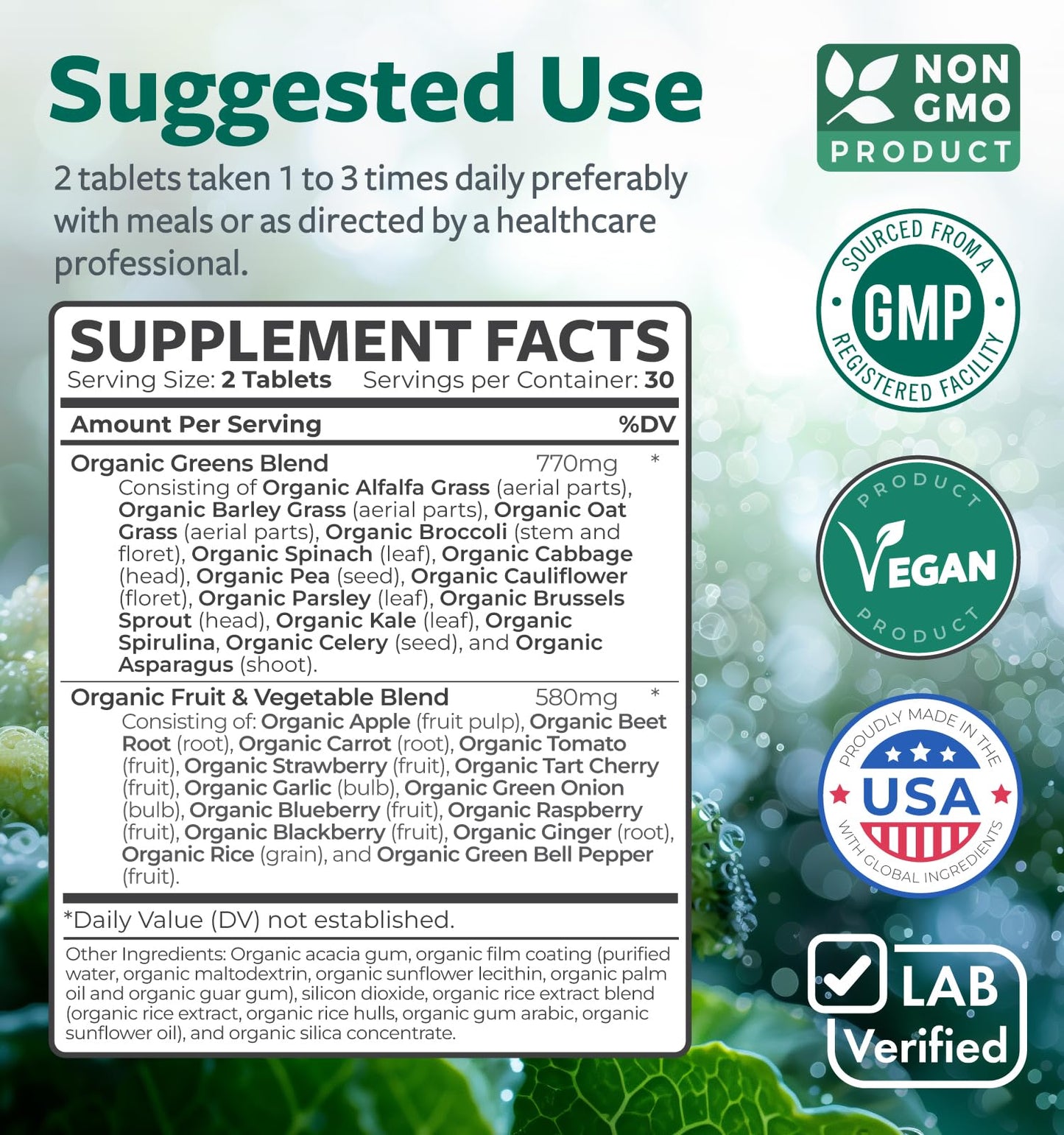 Healths Harmony USDA Organic Super Greens Supplement Tablet 60 Count