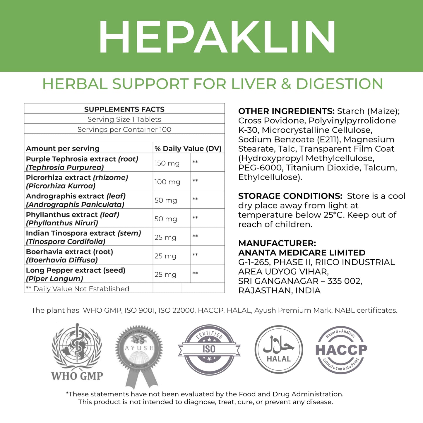 Ananta Medicare USA Hepaklin - Herbal Liver Health Supplement, Supports Detoxification, Liver Function & Digestive Wellness, 120 Tablets