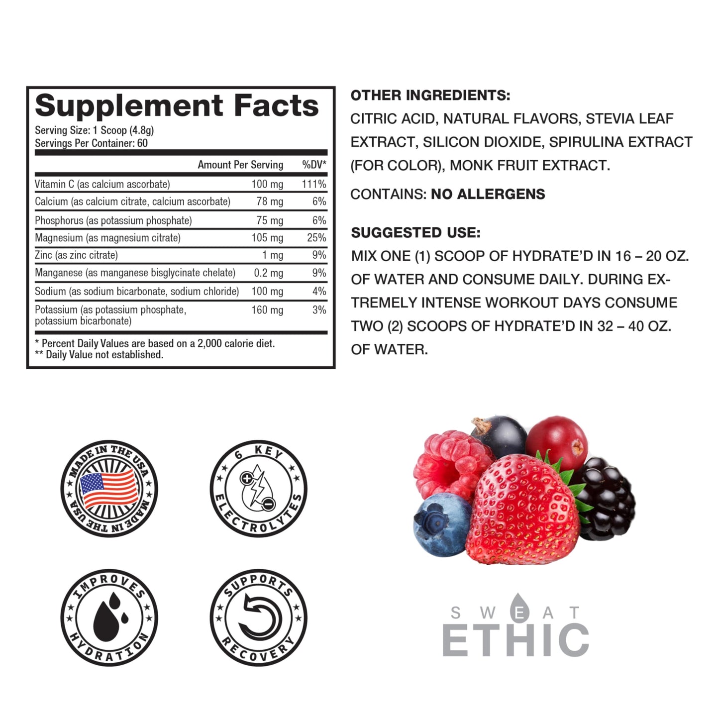Sweat Ethic Hydrate’D Electrolytes Powder, 12 Ounce, 60 Servings