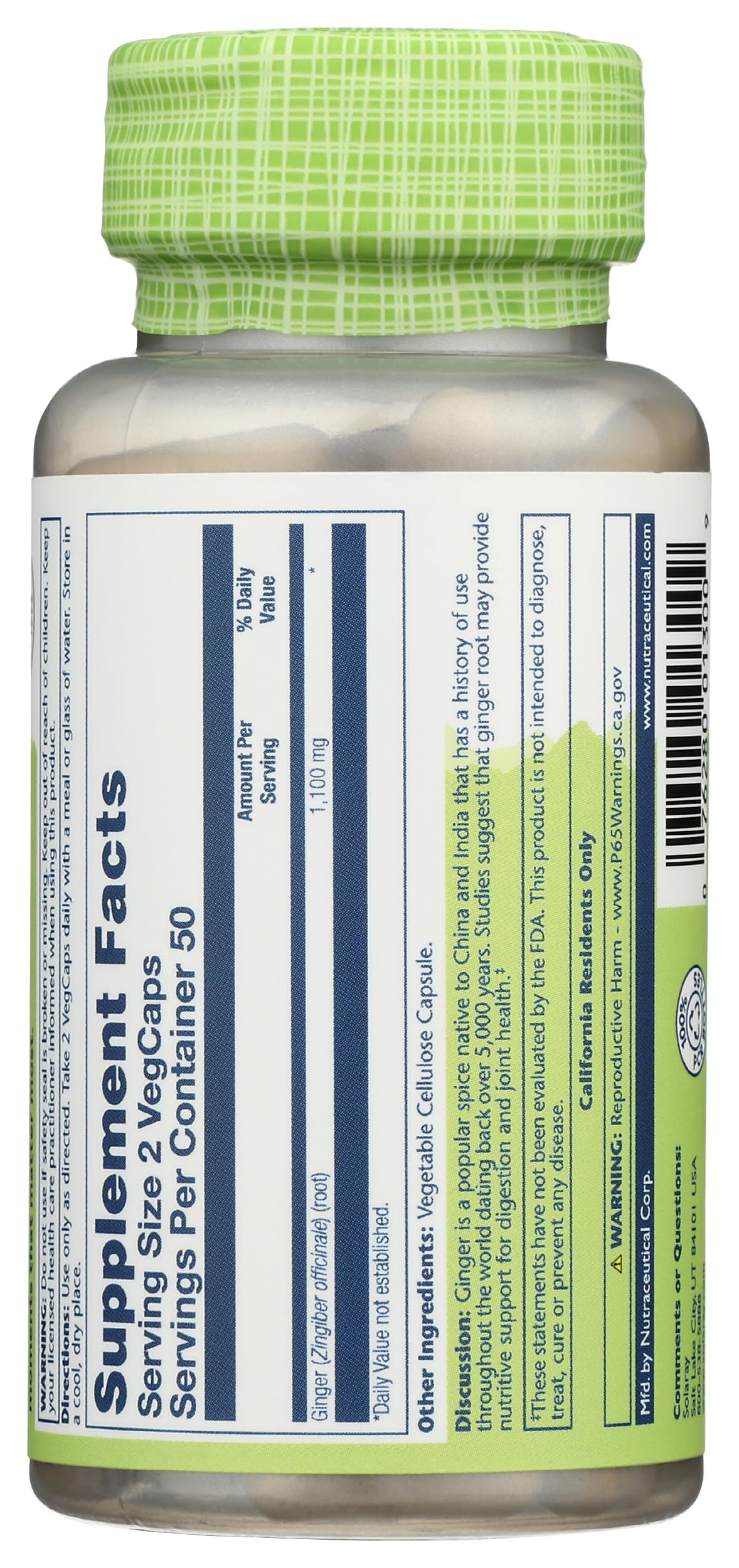 SOLARAY Ginger Root 1100mg Capsules, 100 Capsules