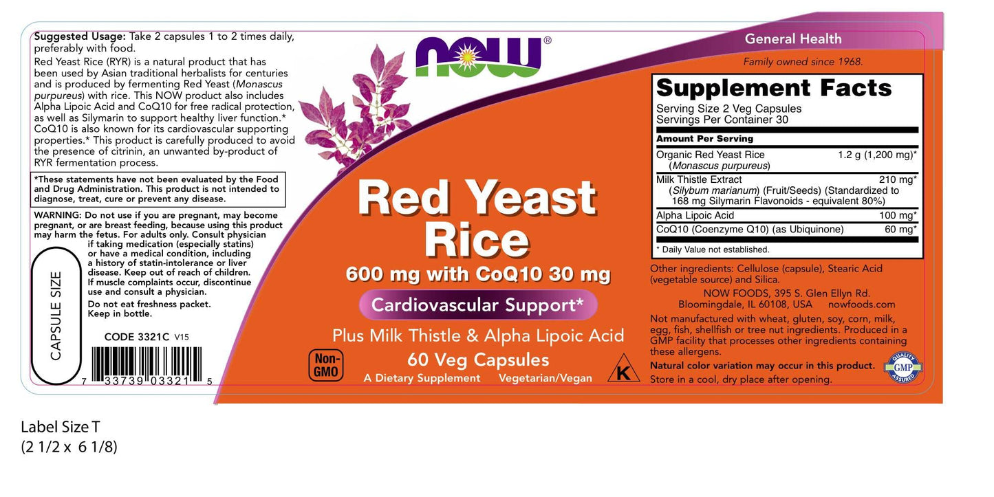 NOW Foods Red Rice Yeast & CoQ10 Capsule, 60 Capsules, 2-Pack