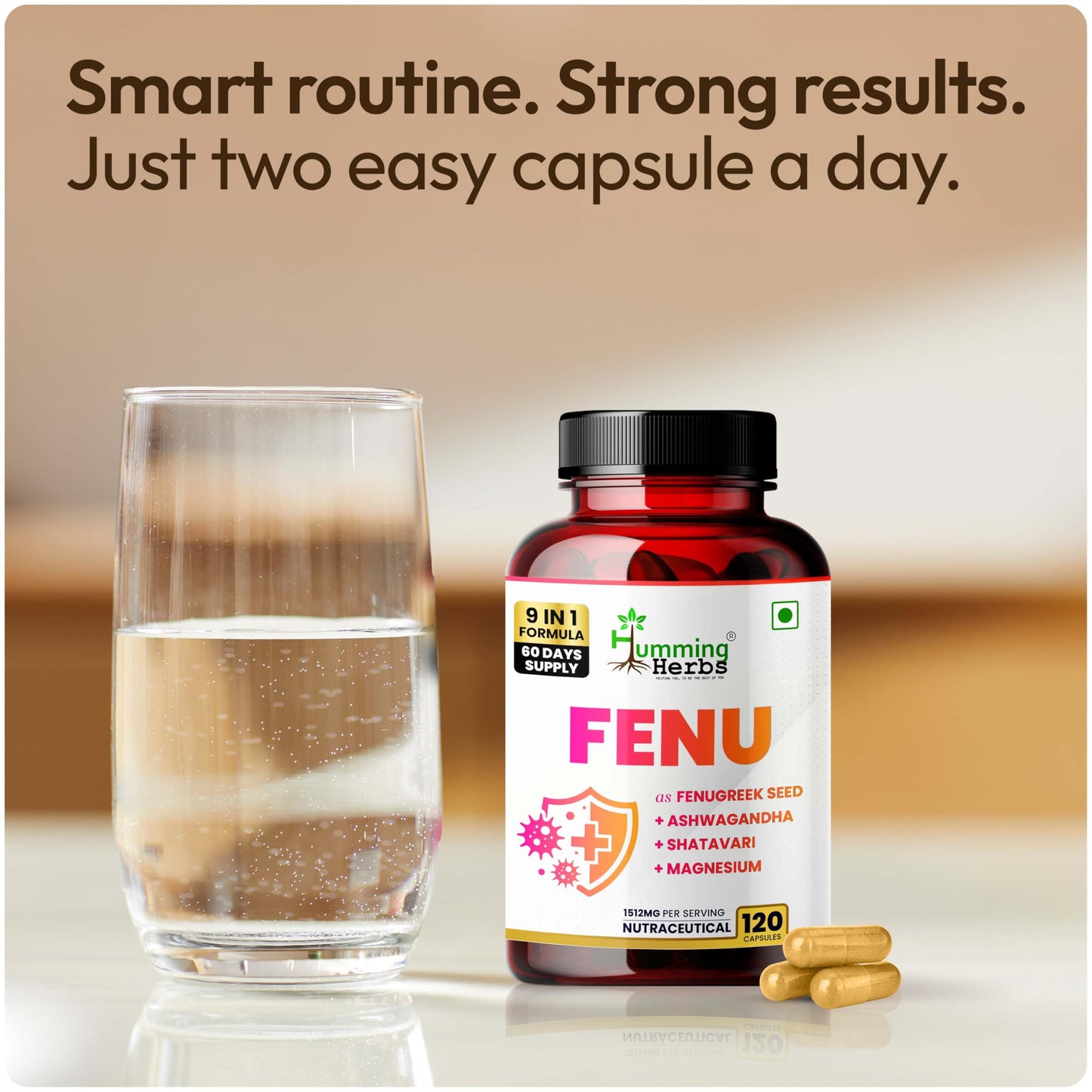 Humming Herbs Fenugreek Seed Extract Complex with Ashwagandha, Shatavari, Safed Musli, Magnesium, Zinc, Vitamin D3, B6 & Folate Capsules, 120 Count