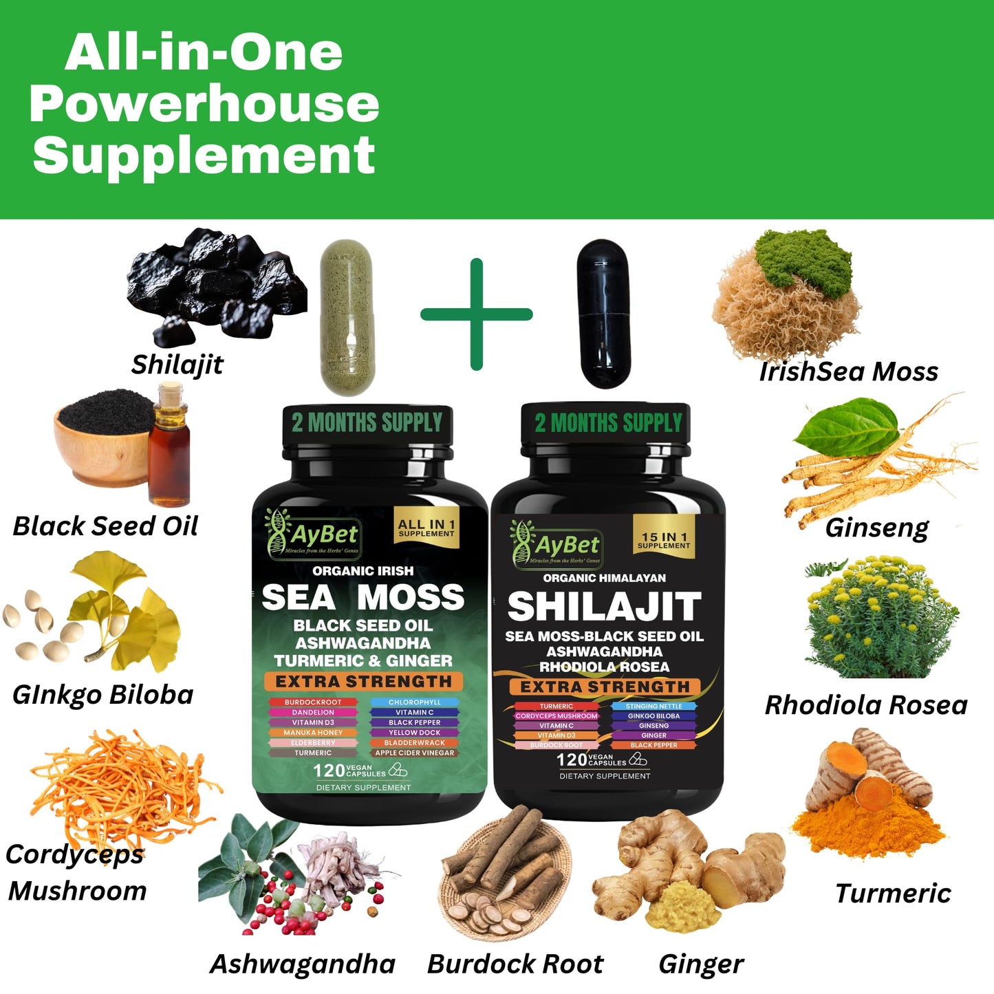 AyBet Sea Moss & Himalayan Shilajit Supplement Combo – Herbal Formula with Black Seed Oil, Ashwagandha, Rhodiola, Turmeric, Ginger – Mineral, Antioxidant Support – Organic, Halal, Vegan Capsules, 240 Count