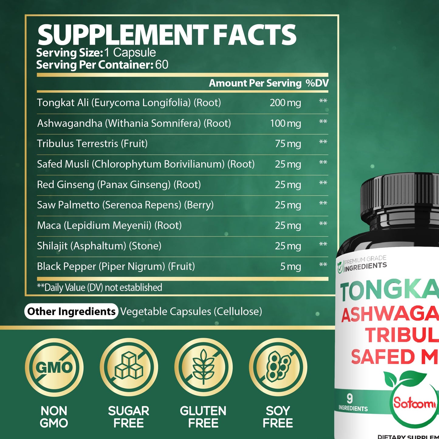 Satoomi Tongkat Ali Root Extract 200:1-9 Essential Herbs with Ashwagandha, Tribulus Terrestris & More, 60 Vegan Capsules
