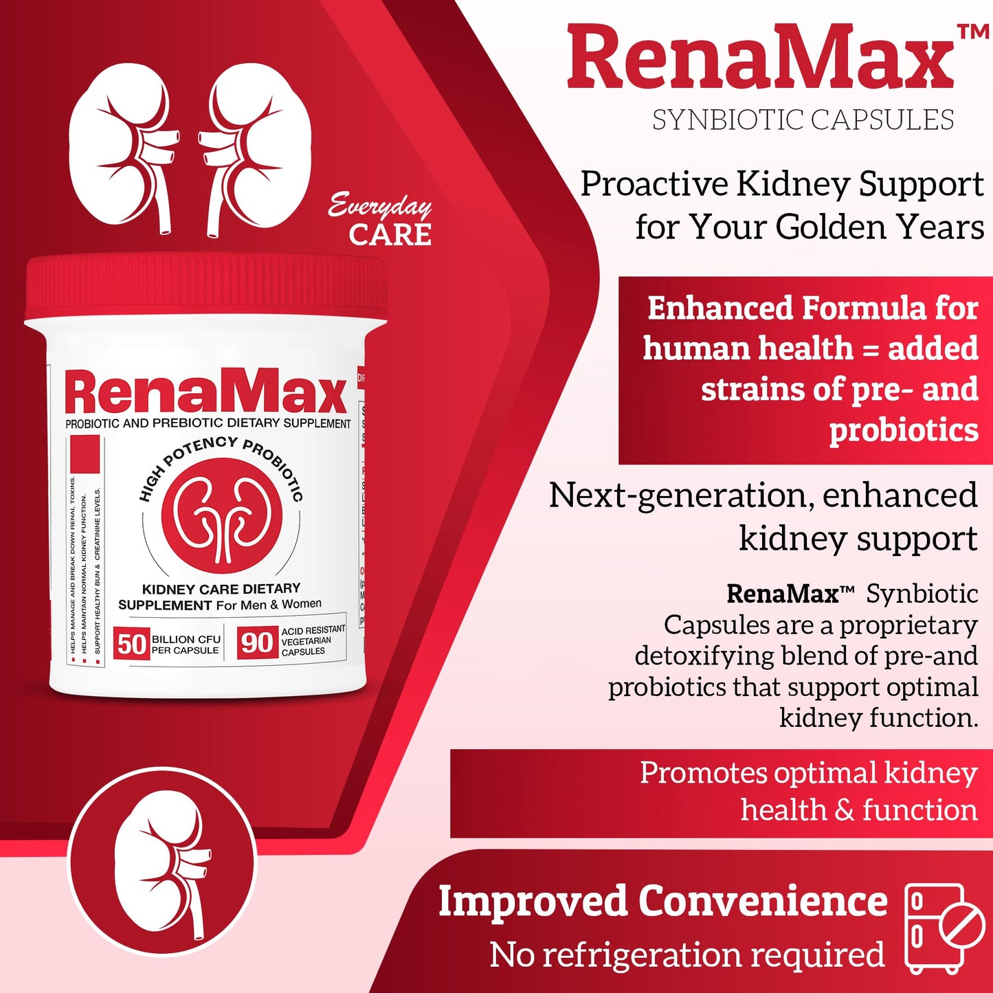 RENAMAX Kidney Restores & Kidney Care Probiotic & Prebiotic Supplement to Support Normal Kidney Function, Capsule, 180 Count