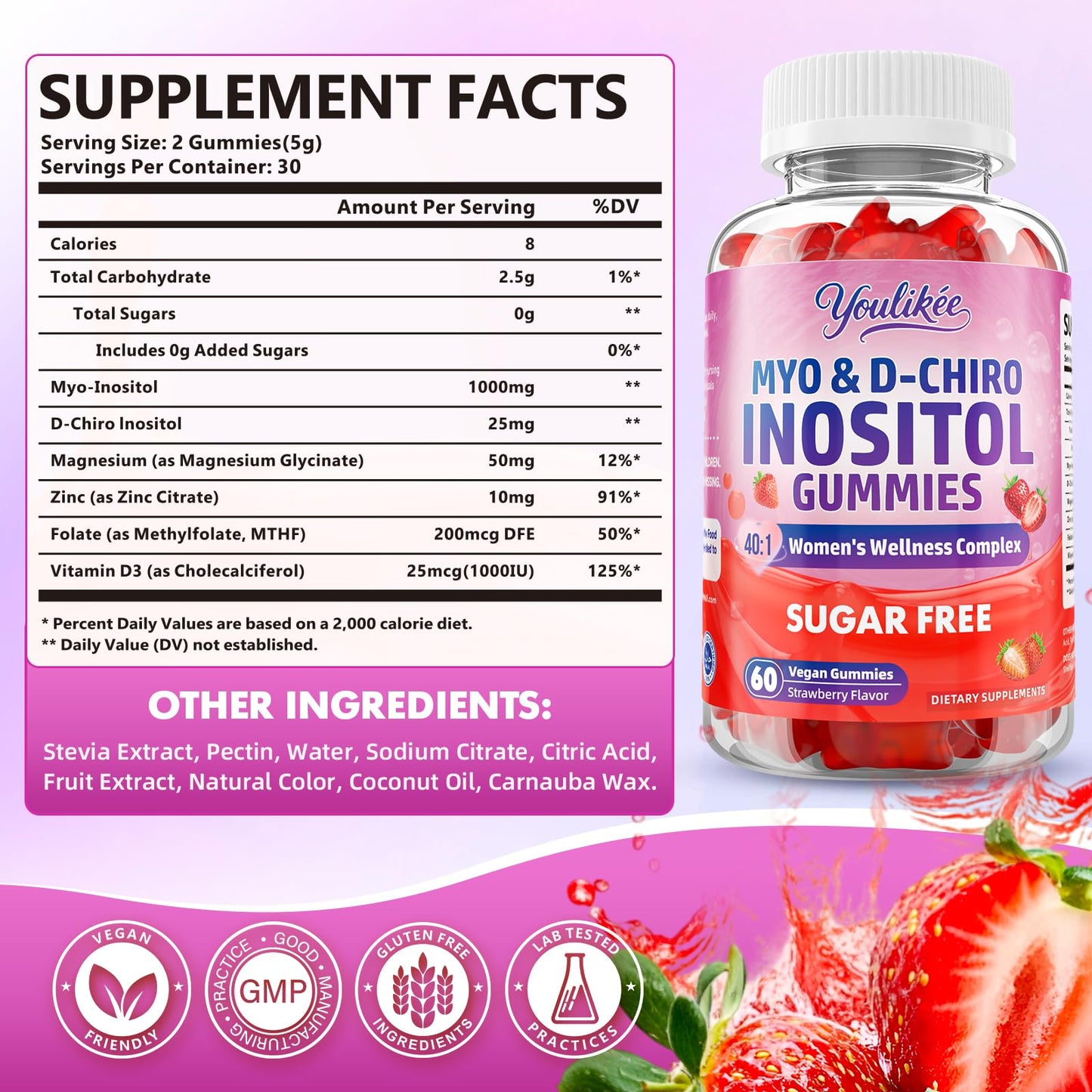 Youlikee Myo-Inositol & D-Chiro Inositol Gummies for Women, 60 Count