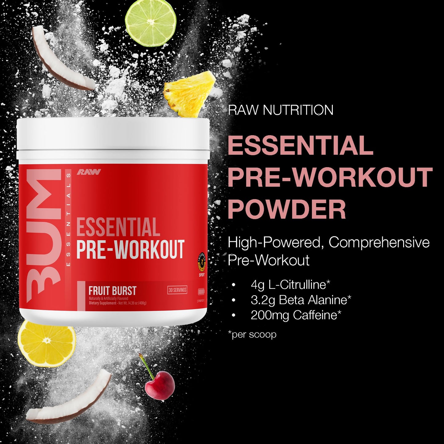 RAW Essential Pre-Workout Powder (Fruit Burst) 14.29 oz