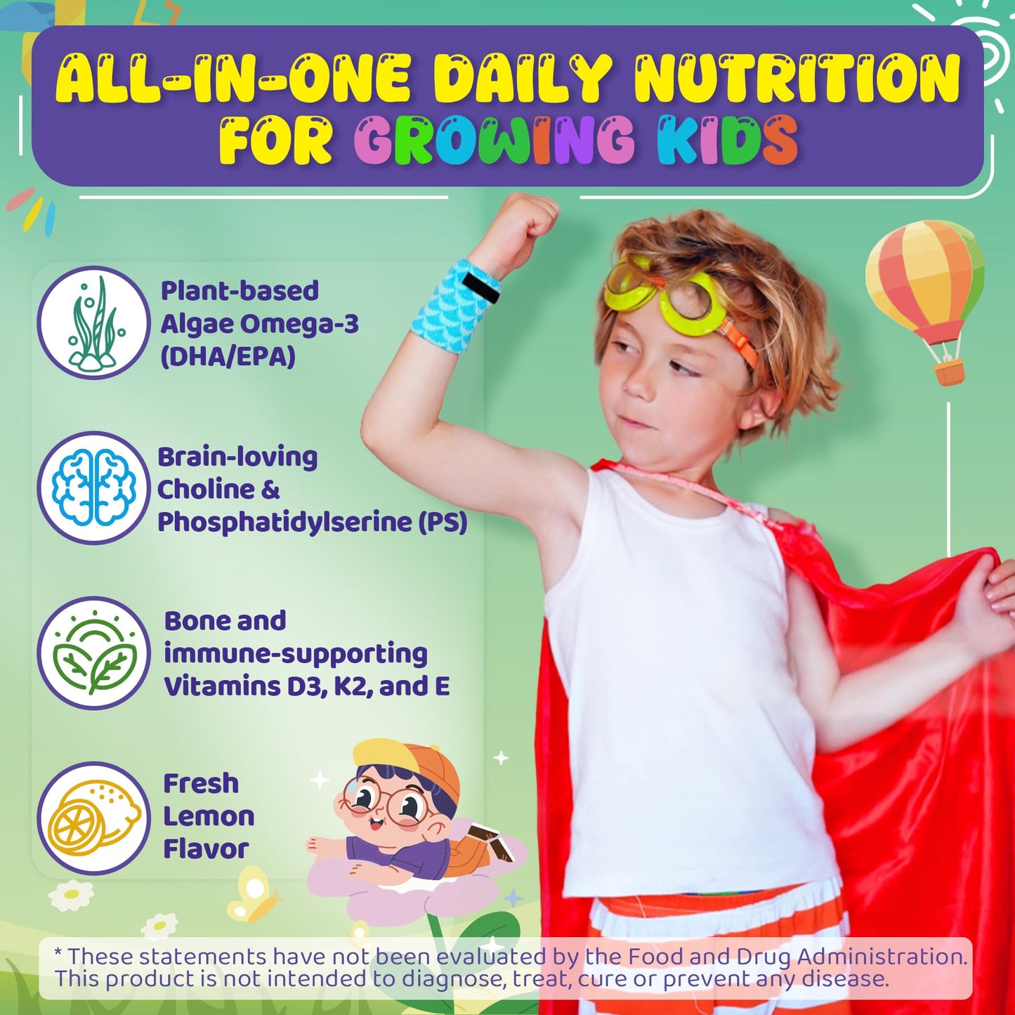 LILICARE Omega-3 for Kids 4+ DHA Gummies from Algae with EPA, Vitamin D3 K2, Choline & PS, Zero Sugar, 60 Count