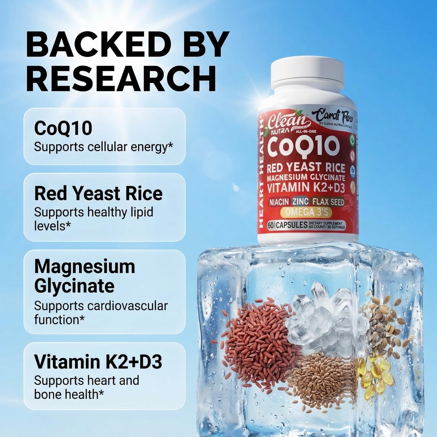 Clean Nutraceuticals CoQ10 Red Yeast Rice Magnesium Glycinate Vitamin K2 D3 Niacin Zinc Flax Seed Omega 3 Capsules 60 Count