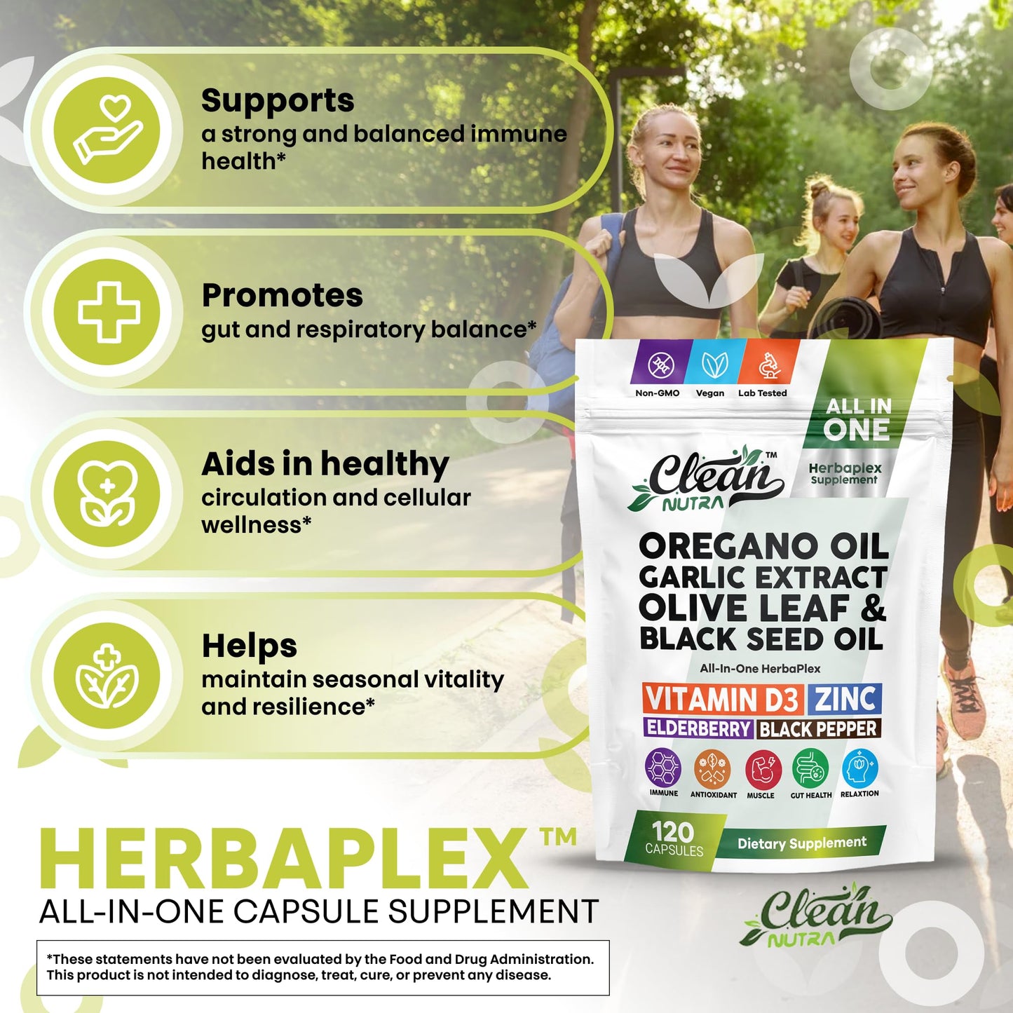 Clean Nutraceuticals Herbaplex Immune Support Immunity Blend Vitamin D Zinc Gluconate Oregano Oil Extract Black Cumin Garlic Olive Leaf Extract Elderberry Black Pepper 120 Capsules
