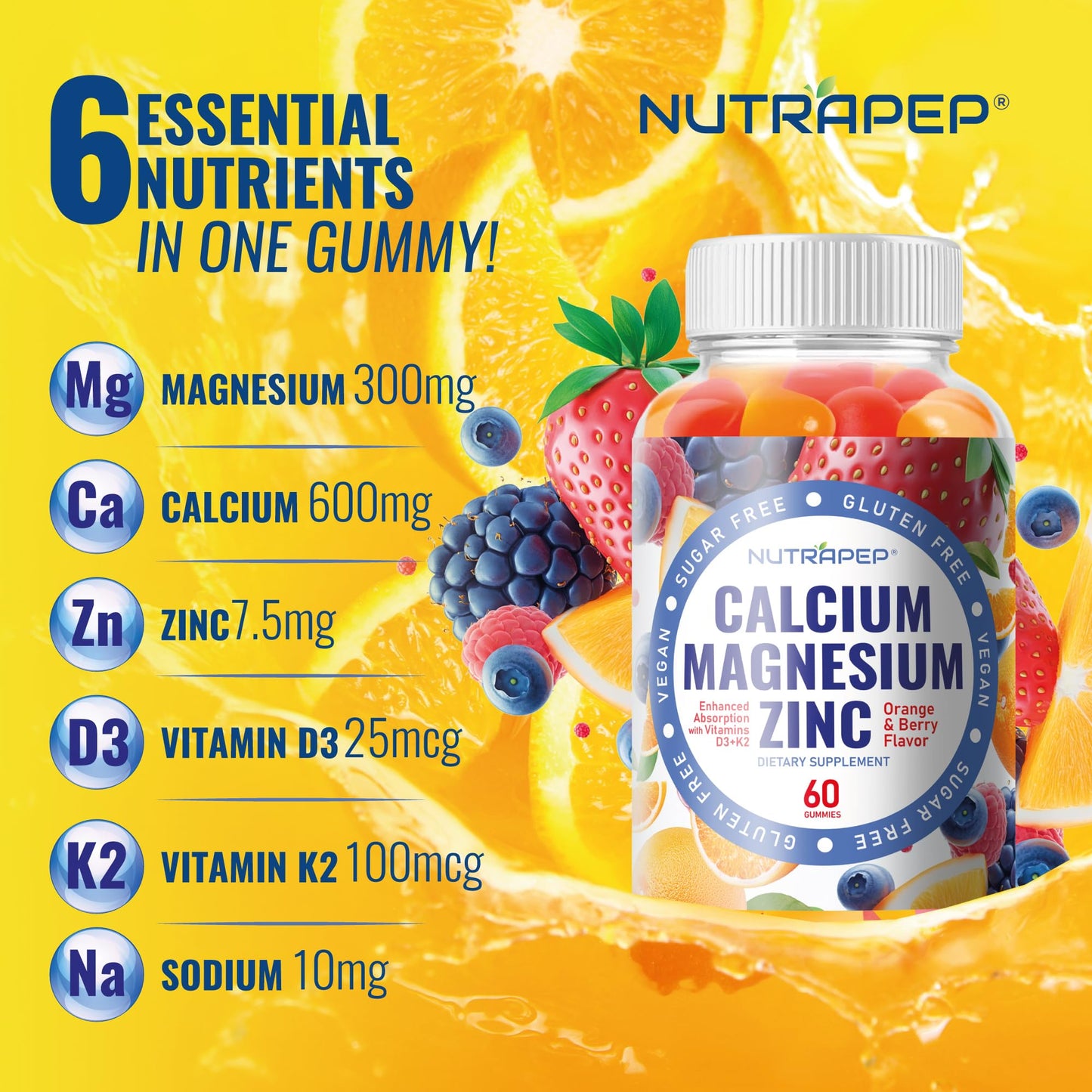 NutraPep Calcium Magnesium Zinc Supplement Gummy, 60 Count