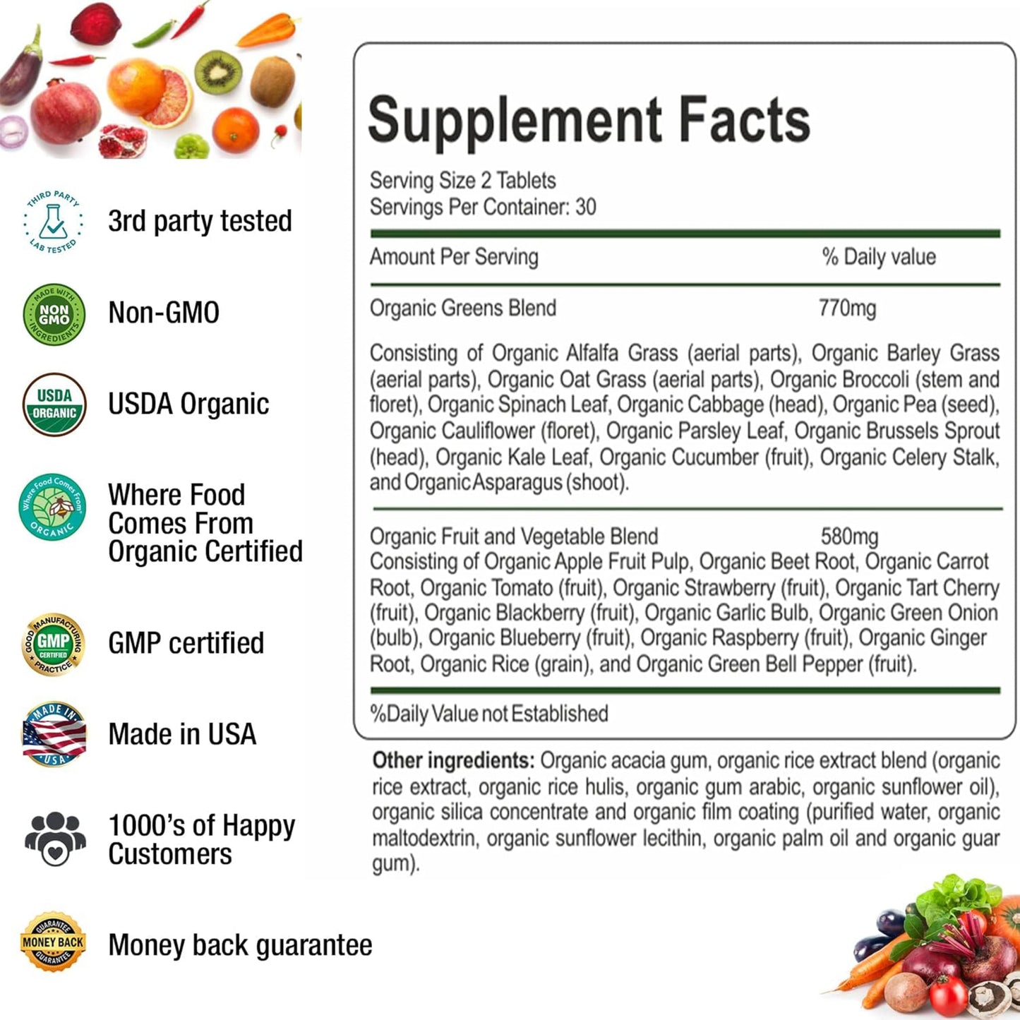 AAMATEC LIFE Organic Superfood Greens Fruits & Veggies Complex Capsules with Alfalfa, 180 Count