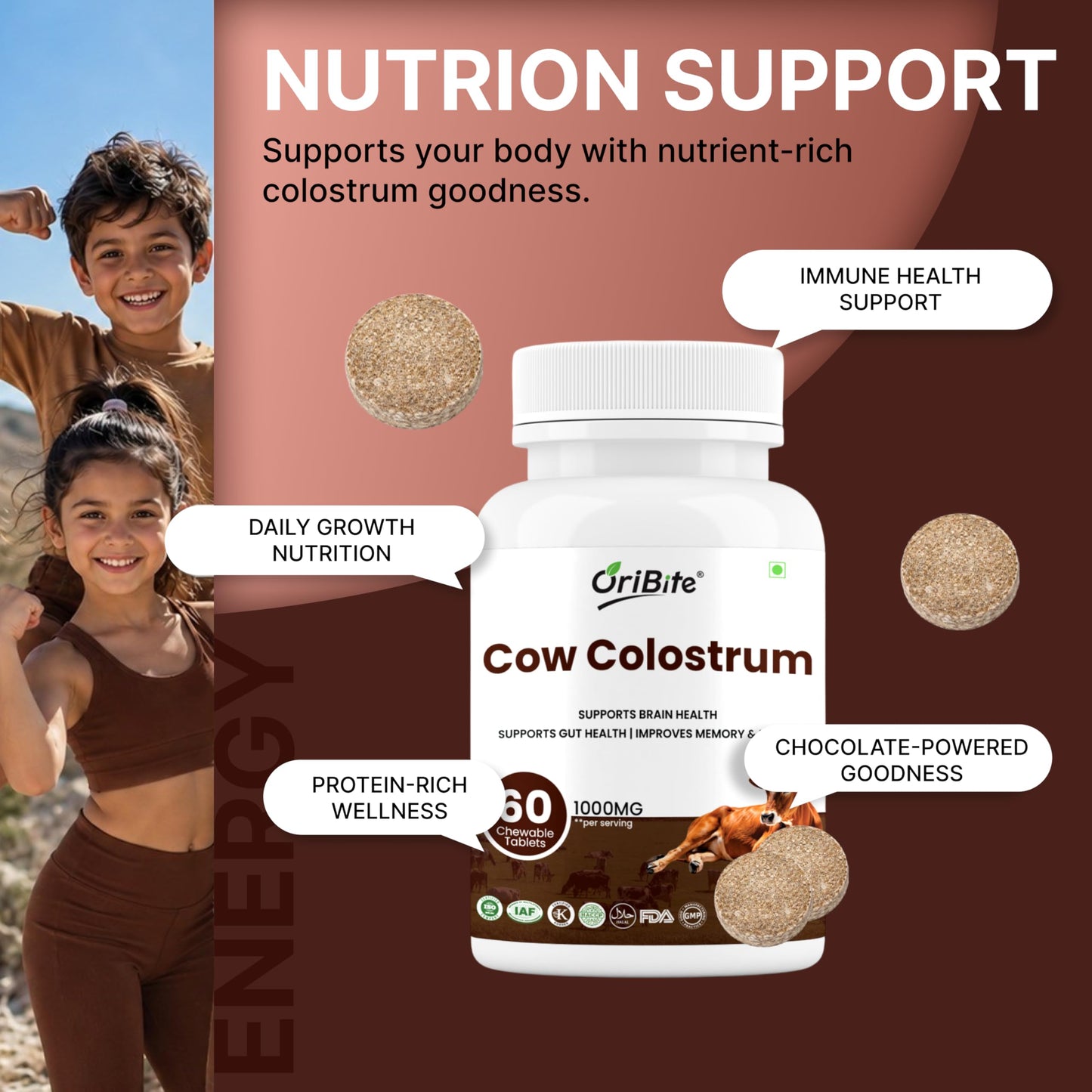 ORIBITE Grass Fed Cow Colostrum 1000mg Chewable Tablets 60 Count