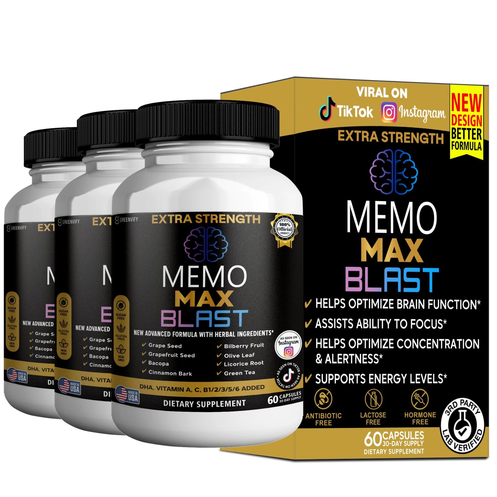 GREENVIFY Memo Max Blast Extra Strength Brain Supplement, 60 Capsules